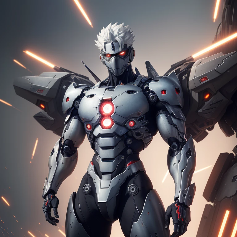 Ultra-realistic CG, masterpiece, best quality, Cybernetic and Mecha Kakashi, solo appearance, characteristic stern face, intricately detailed cybernetic eye, sharp mecha limbs, metallic armor with precise lines and patterns, gradient-metal finish, smoky background, red and blue accents, shock sparks emitting from mecha joints, serious and focused expression, hands on hips in classic pose, dominant and imposing presence.