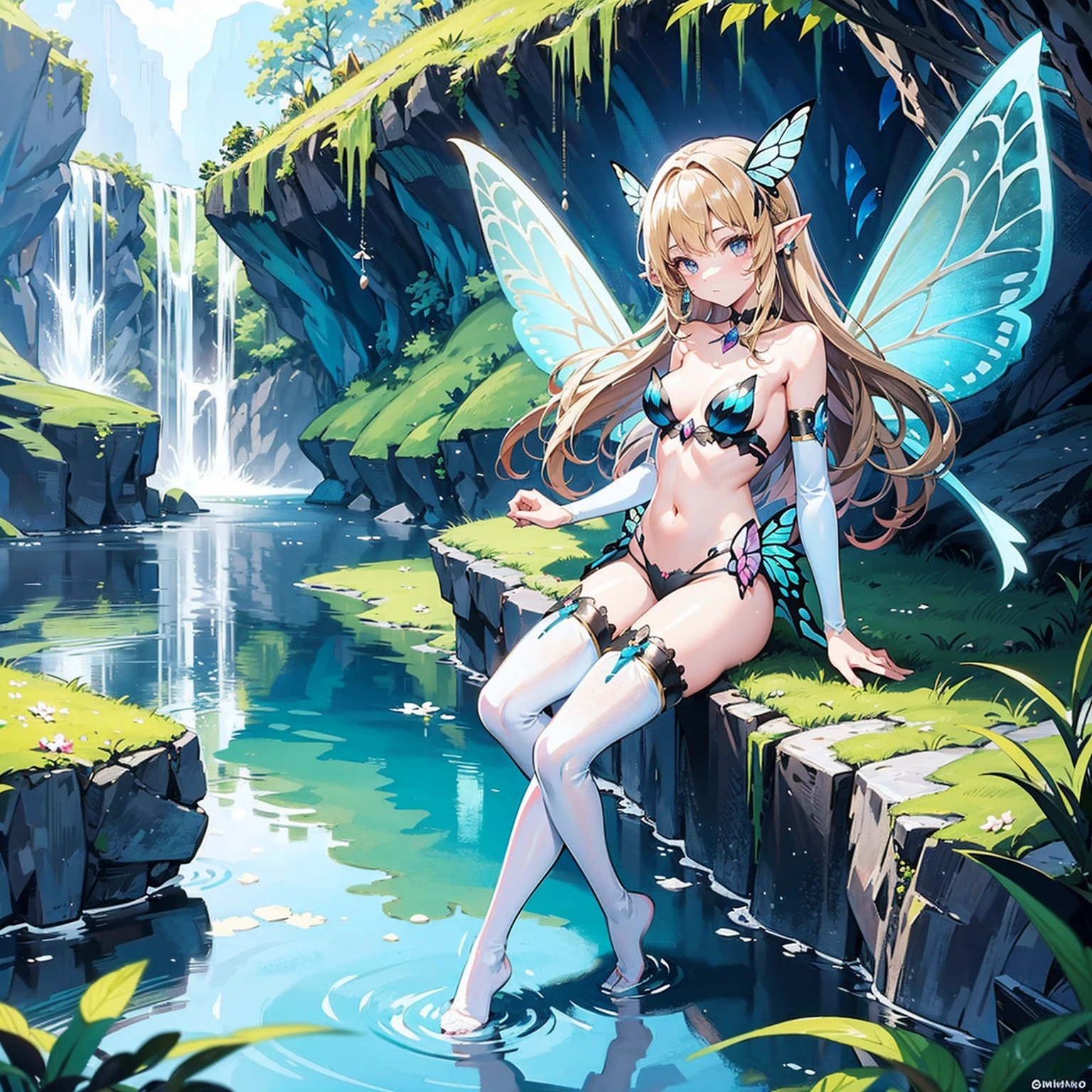 background 　	A beautiful lake in a cave
Fairy on the shore of the lake in the cave

　Lakea cartoon character with a butterfly tail and dark hair posing in panties, 1girl, solo, breasts, fairy, wings, fairy wings, thighhighs, blonde hair, pointy ears, bridal gauntlets, long hair