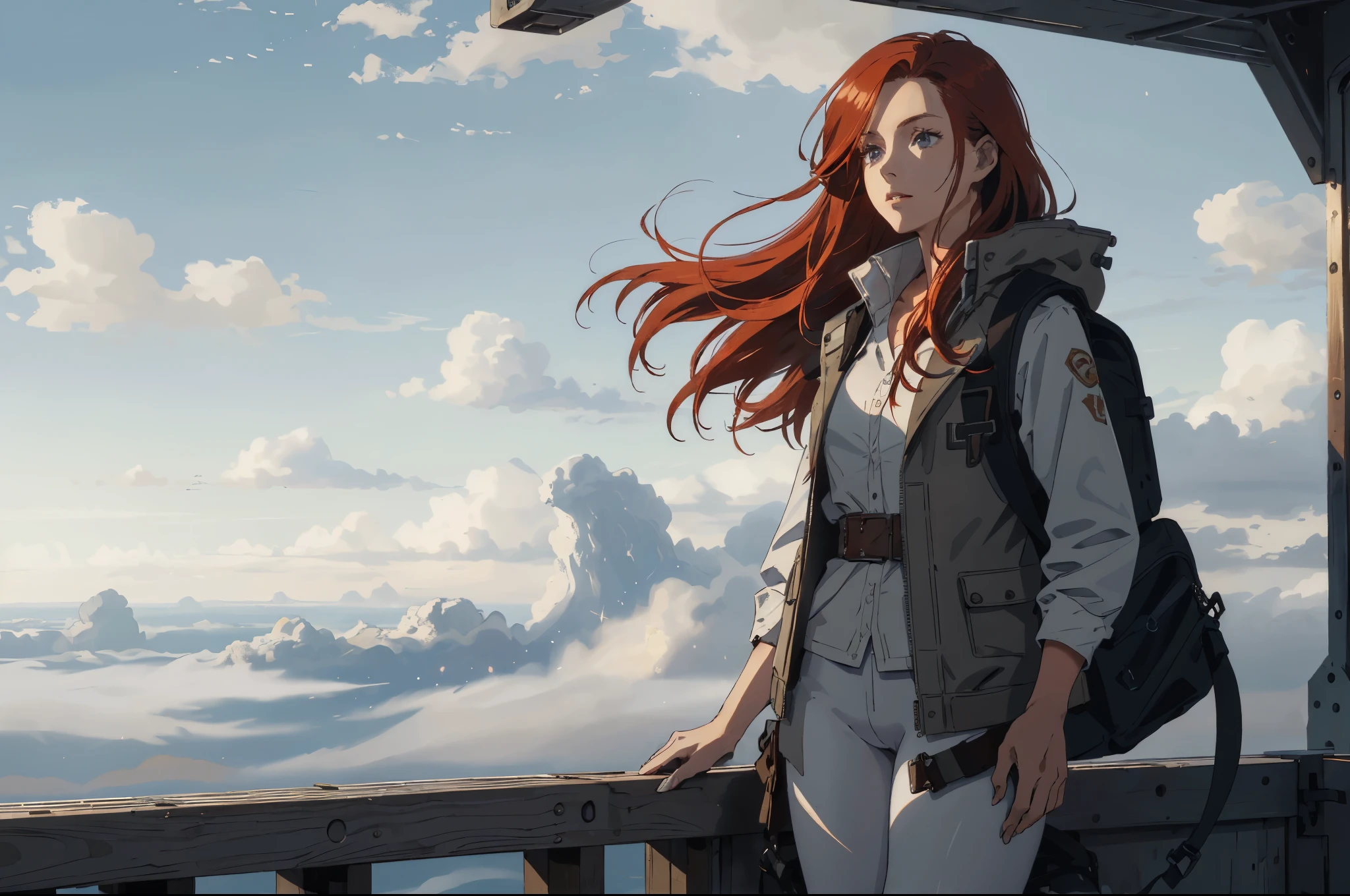 (Beautiful and majestic skyline, Majestic sky), (the extremely tense and dramatic pictures, moving visuals), ( Colorful natural light), (1 girl), (Jacket，white vest, Loose leggings, Wearing a backpack), (dynamic poses:1.3, black eyes, red hair，flowing long hair, Sparkling girl)[:0.8], (Standing on the deck of the airship above the clouds leaning against the railing)，（Above the clouds，Surrounded by a sea of clouds）, (A gentle breeze greets you), (Red hair coordinates with the background: 1.2), (close shot, Long lens mix and match)[::0.9]