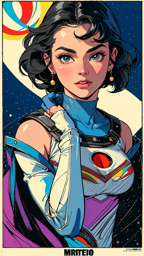 (((highest quality))),masterpiece,1 woman,((the perfect person)),((Super beautiful woman)),detailed perfect face,retro,vintage,classic,60's,70's,80's,old movie posters,abstract,((スペーススリラーmovie poster)),(Futuristic),Geometric pattern,very delicate,movie poster_white frame,universe,Milky Way,planet,,propaganda,universe飛行士,breast enhancement,
