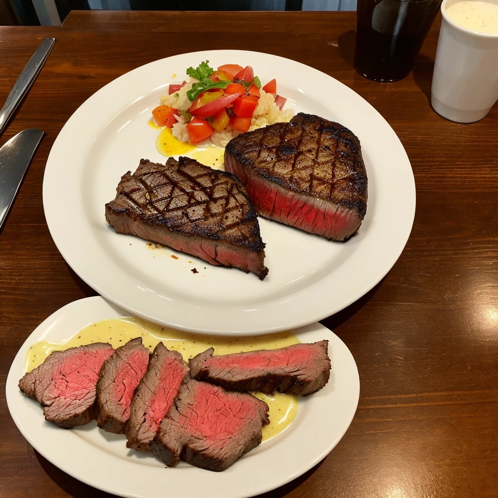 the plate is broken、There&#39;s a steak on it、That steak is falling apart、same size as thumb、brackish、grotesque、100 yen steak