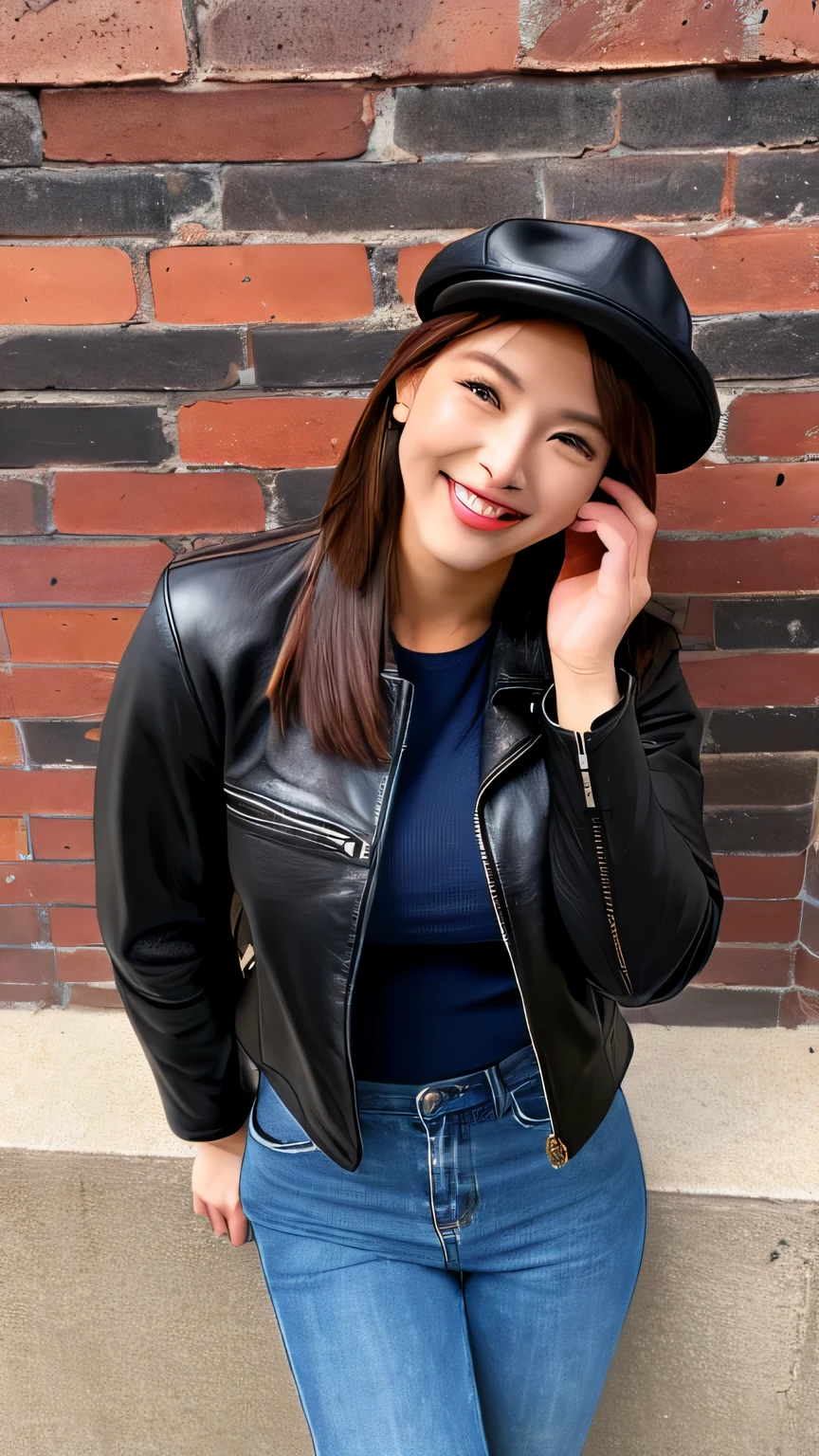 Hyper-Realism、(Photorealsitic:1.4)、8K maximum resolution, (masterpiece), highly detailed, Professional, Refined face, pretty face, large breasts, Leather jacket, Boots, Hat, Leaning against the wall pose, Carefree smile,