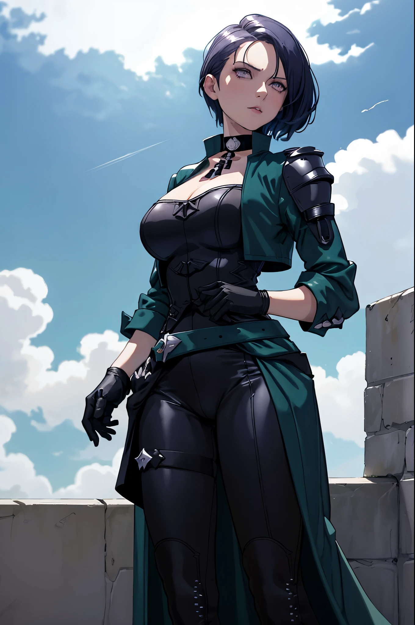 masterpiece, best quality, defShamir, collar, shoulder pad, black shirt, black gloves, bodice, green jacket, green belt, black pants, cowboy shot, large breasts, standing, looking at viewer, serious, from below, looking down, sky, clouds 