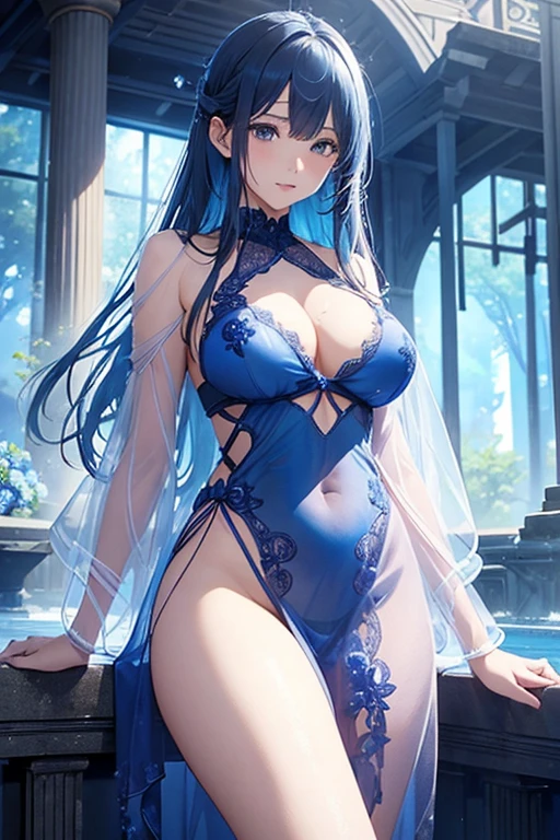 (highest quality, 8K, 32K, masterpiece, UHD: 1.3), 1 female, (Oversized: 1.3), perfect figure,, (attractive), (Sheer skin)) 、((((Transparent see-through dress))))、see-through dresses、lace sheer dress、Transparent dress、Sheer skin、Transparent dressを着た美しい裸の女性、solo、best style、big breasts、The most beautiful in the world、unparalleled beauty、long hair、 ((blue bathhouse)),、Blue lighting. concept art stunning atmosphere, blue atmosphere, beautiful concept art, Dark Majestic gorgeous public bath,、(blue water辺、blue water)、blue stone、blue stone、blue reflection、Cyan color、get wet in blue water、Blue light、blue flower、Blue roses、Blue World、Expressive、sexy pose、sexy design