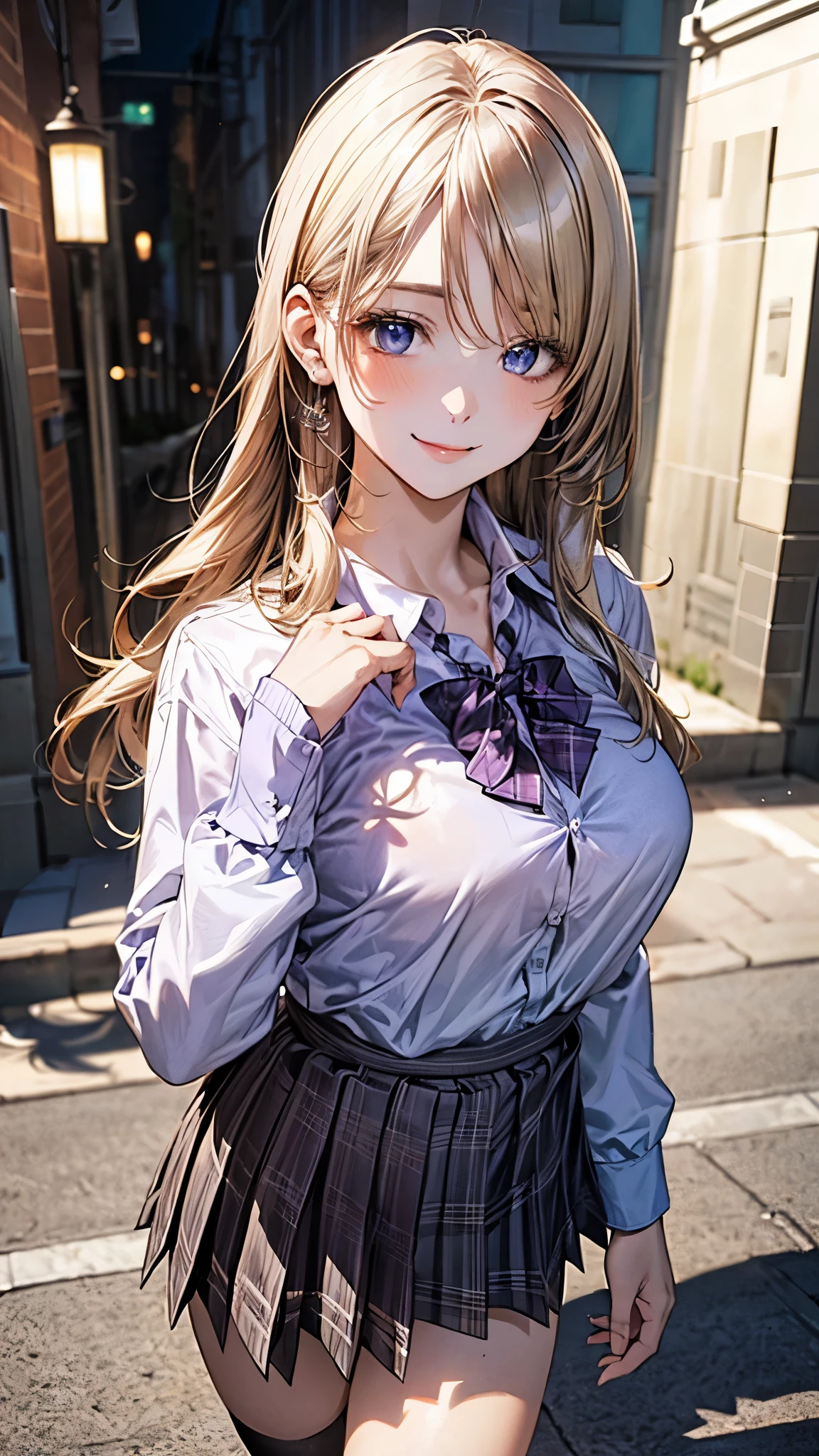 (masterpiece:1.2, top-quality), (realistic, photorealistic:1.4), beautiful illustration, (natural side lighting, movie lighting), nsfw,
looking at viewer, cowboy shot, front view:0.6, 1 girl, japanese, high school girl, perfect face, cute and symmetrical face, shiny skin,
(middle hair:1.6, straight hair:1.2, long sidelocks, blonde hair), parted bangs, blue eyes, long eye lasher, (large breasts:1.1, seductive thighs),
beautiful hair, beautiful face, beautiful detailed eyes, beautiful clavicle, beautiful body, beautiful chest, beautiful thigh, beautiful legs,
((detailed cloth texture, long sleeves white collared shirts, light purple plaid pleated skirt, light purple plaid bow tie, socks)),
(beautiful scenery), evening, riverside, walking, hands on chest, (lovely smile, upper eyes),