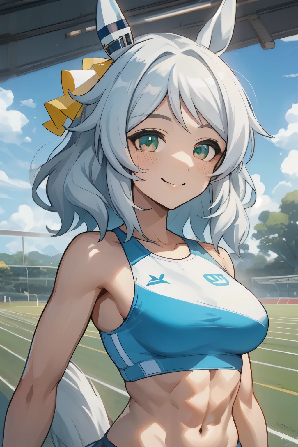 hishi miracle\(umamusume\), ((ultra-detailed face)), symmetrical face, beautiful face, masterpiece, best quality, front, sports bra, horse tail, light smile, athletics track, abs, well-muscled, tits