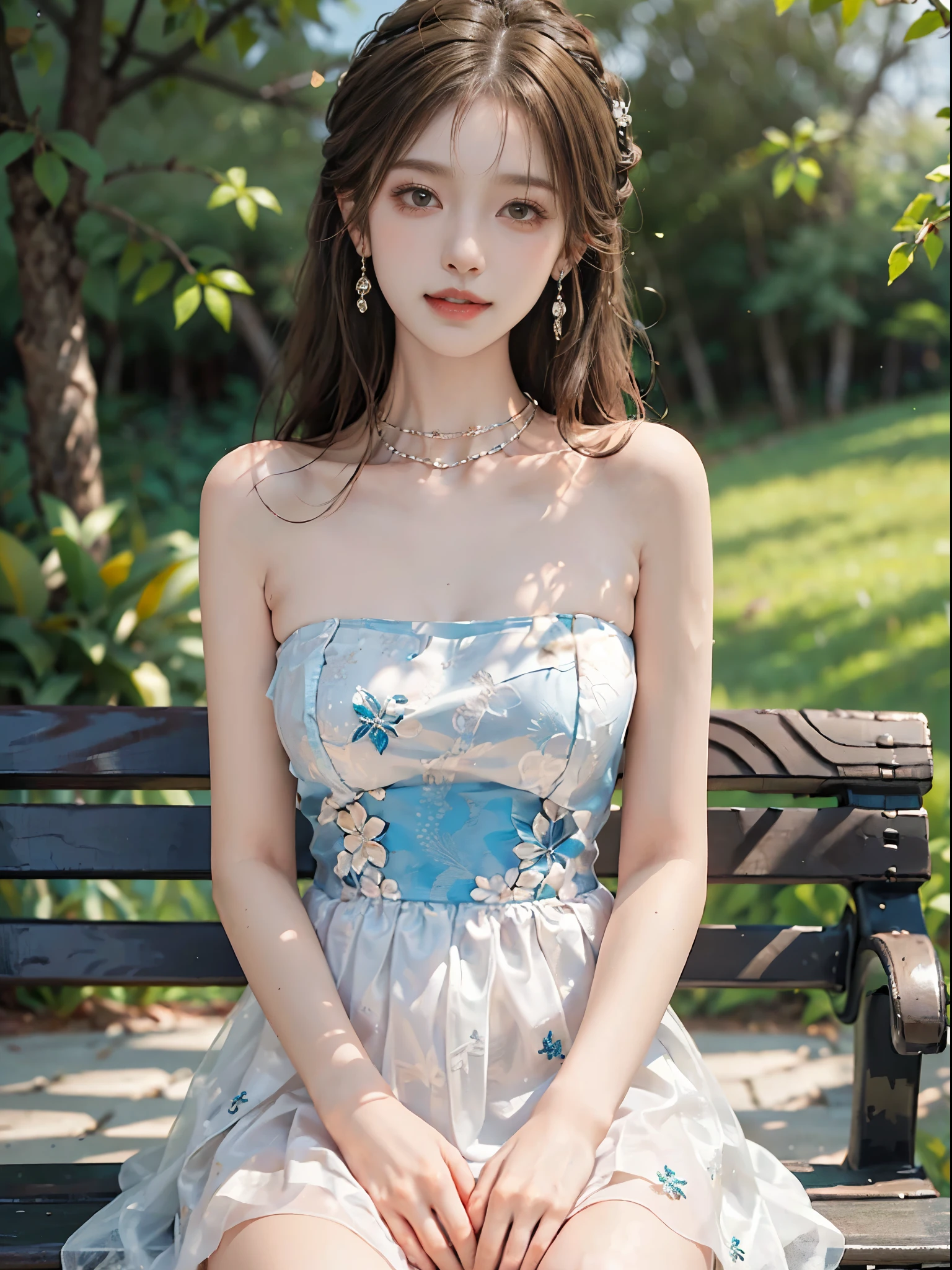 Sweet girl clothes4,strapless dress,jewelry, ((full body)), ((from below)), ((Sit on a park bench)), ((realistic)), 1girll, looking at viewert, Detailed scenes, curlies, Air bangs, Beautiful hair accessories, Brownish-yellow hair, (Campus style), warm lights, a warm color palette, Detailed details, 超詳細, (tmasterpiece, best qualtiy), (An extremely delicate and beautiful work), Delicate earrings, Delicate necklace, Simple blurred background, Extreme detail description, Ultra-fine painting, Delicate face, slim toned body, (ssmile, Baring teeth), (anatomy correct)
