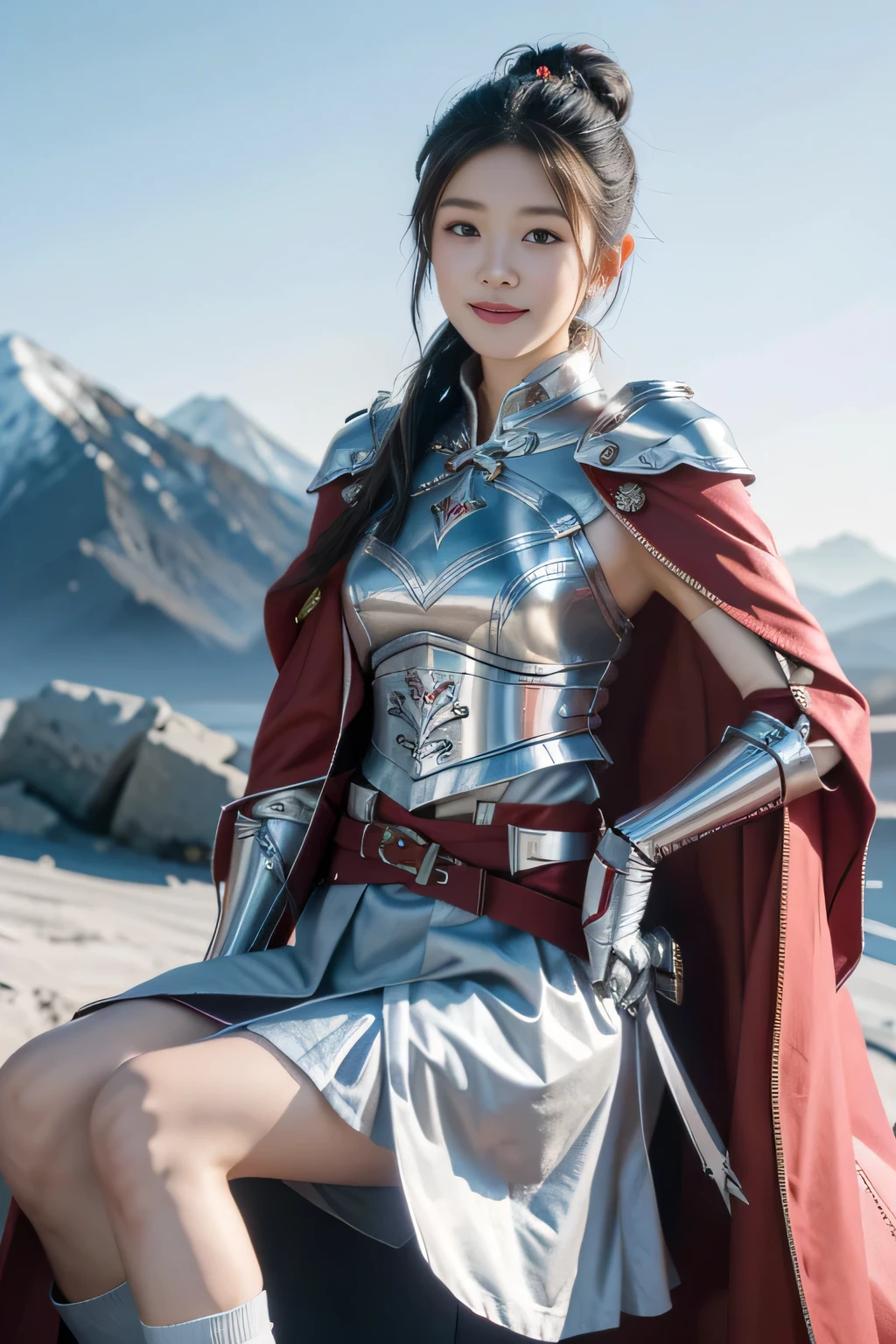 Chinese female general Hua Mulan,Vermilion Hufu lining,,Crimson cape,Silver metal breastplate,silver helmet,battlefield background,majestic,Smile(open mouth)(The corners of the mouth are raised),Leather tunic,Knee armor,Eight clones,silver metal headband,Hair bun raised high。wild wilderness background