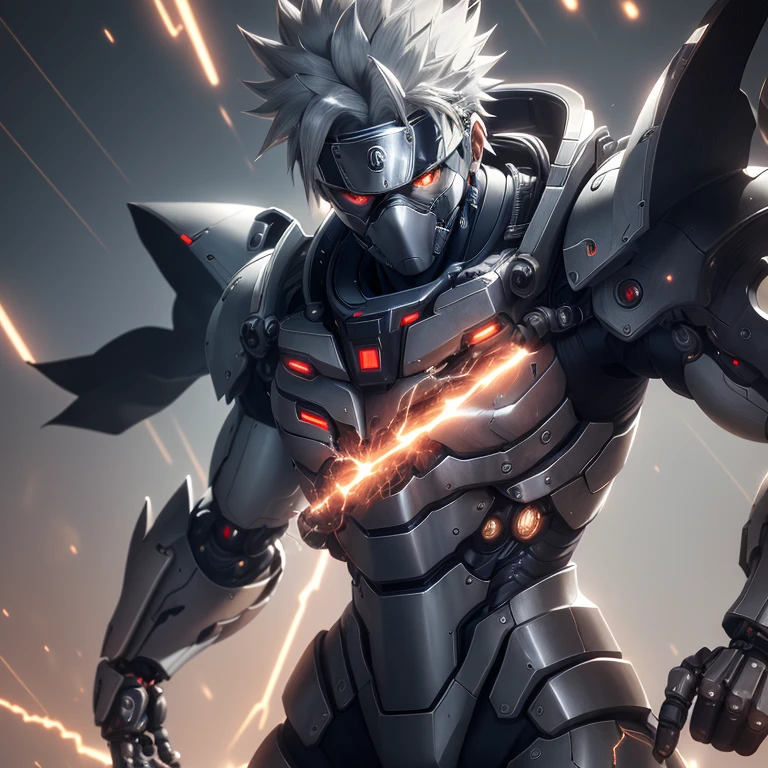 Ultra-realistic CG, masterpiece, best quality, Cybernetic and Mecha Kakashi, solo appearance, characteristic stern face, intricately detailed cybernetic eye, sharp mecha limbs, metallic armor with precise lines and patterns, gradient-metal finish, smoky background, red and blue accents, shock sparks emitting from mecha joints, serious and focused expression, hands on hips in classic pose, dominant and imposing presence.