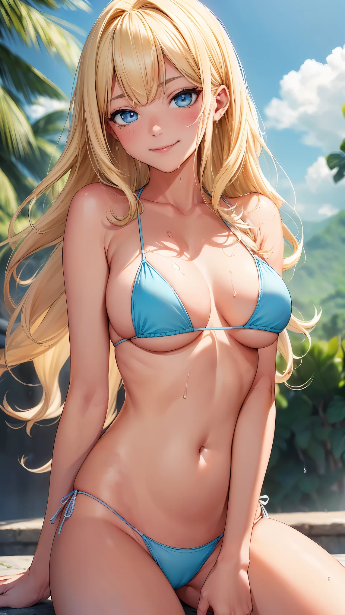 (8K, RAW photo, 最high quality, masterpiece: 1.2), High-definition RAW color photo, Professional photo shoot, cinematic light, alone, (((young woman, gal))), (Sharp features), (small face), (high detail skin: 1.2), clavicle, cute face, beautiful appearance,long eyelashes, (rainbow hair, blue eyes), (beautiful breasts:1.5), (camel toe details), spread your legs,((spread your legs膝立ち, Leaning forward, Raking up your hair with both hands)), pussyが気持ち良い, ((very detailed女性器, pussy)), (thin:1.4), very detailed顔と肌の質感, fine eyes, double eyelid, look sideways, camel toe, ((blonde, long bangs on one side, asymmetrical bangs, One eye hides, wavy hair)), slender body, ((open your mouth and smile:1.2)), big breasts, normal hip joint, blue eyes, cowboy shot, (((White Micro Bikini:1.5, big breasts, Seductive thighs, wet skin))), I enjoy dating, beautiful sunny day, greenery surrounding them, Windにざわめく葉, Wind, wood々Shining sunlight shines in, lonely cove, bright colors, blissful companionship, unforgettable memories, A composition that highlights the beauty of a girl, staring eyes, beautiful skin, shiny skin, perfect fingers, five fingers, anatomically correct, background bokeh, high quality, surreal, bright colors, ((very detailed, photo shoot)),