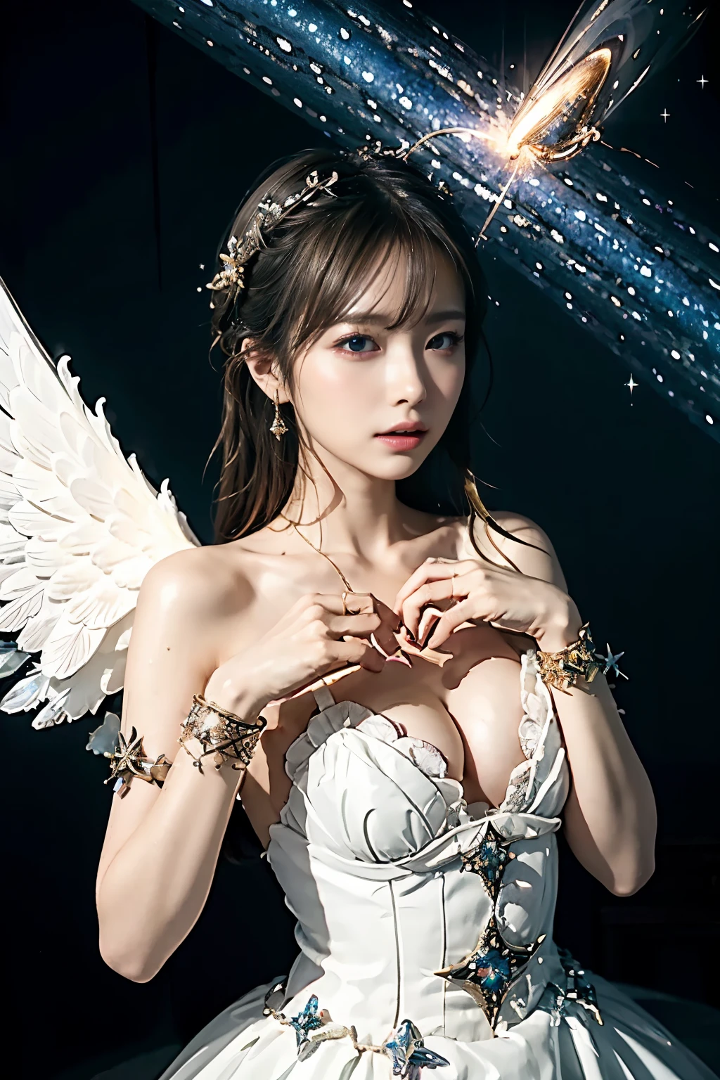 (masterpiece), (highest quality:1.4), disorganized, [:intricate details:0.2], Angel, Angel wings, milky way, null, sparkling aura, Intense concentration, crackling energy, mysterious symbol, sparkling moat,