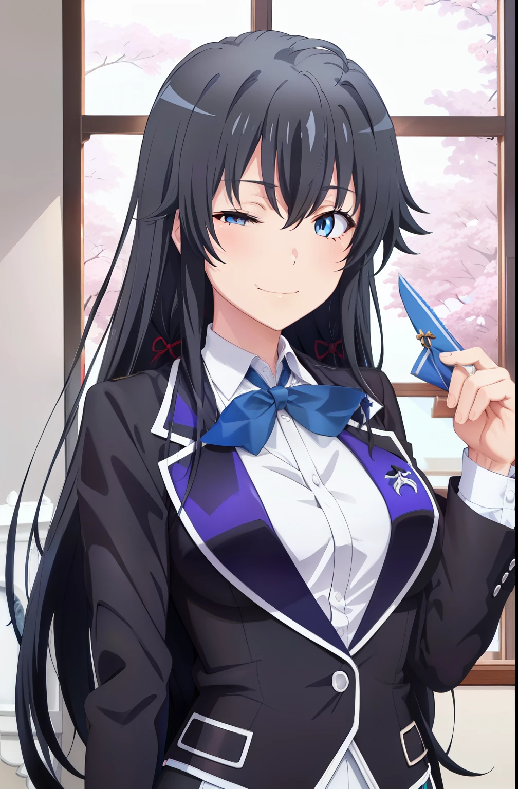 ((best quality)), ((masterpiece)), (detailed) 1girl 1girl, ;\), blurry, blurry_background, breasts, , hair_long , looking_at_viewer, ok_sign, one_eye_closed, open_hand, Yukinoshita Yukino ,Woman wearing formal clothes, An attractive coat stands in a large gap in the room , 1girl, 独奏, blue necktie, Black hair, eyes blue, long hair, smile , collared shirt, white pants, white shirt , Elegantly designed coat , Stand in front of a window ,Perfectly tailored tailcoat. It has a stunning Victorian design and is made of lustrous fabric