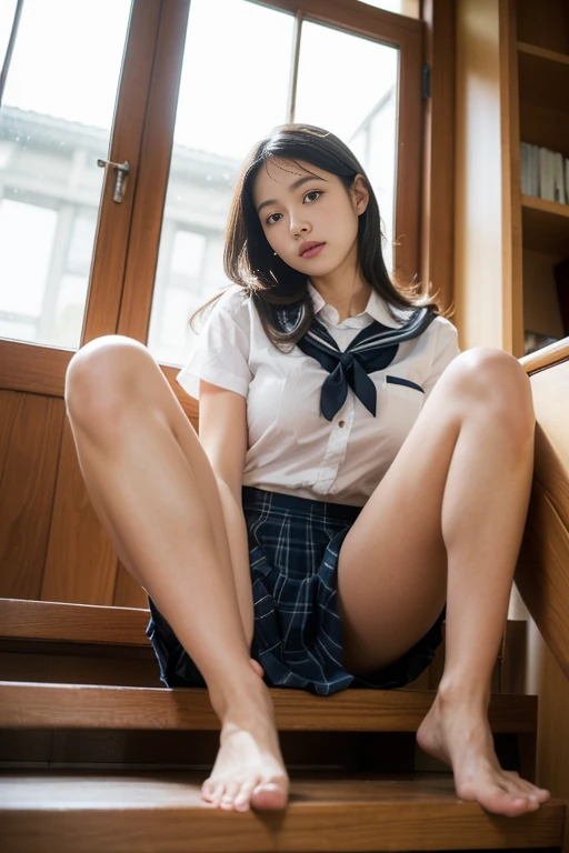 masterpiece, highest quality, 8K, RAW photo,
1 beautiful Japanese girl, , cute face, (haircut of uniform length:1.2), (one length), Beautiful shiny black hair, straight hair, Clear white skin, pale skin, realistic skin, composed expression, Japanese High School Uniforms, (long pleated check skirt), no bra, in the classroom, ((full body to the toes)), She is barefoot, beautiful long legs, sitting on the stairs, angle from below, Beautiful Whip thighs, white panties is visible, nipples visible through clothes, puffy nipples, spread legs,
The room is dimly lit, evening, dusk, magic hour,