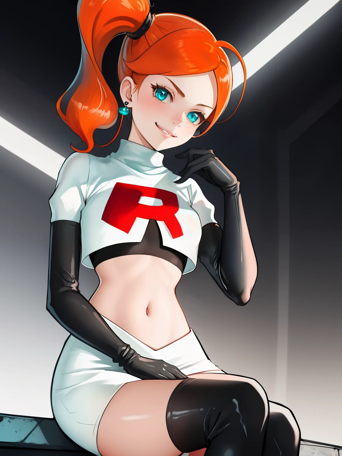 1girl, solo ,sonia, side ponytail,orange hair, heart hair ornaments, aqua eyes ,glossy lips, earings ,team rocket uniform, red letter R, white skirt,white crop top,black thigh-high boots, black elbow gloves, closed mouth, evil smile, looking down on viewer, sitting down ,legs crossed, night sky background