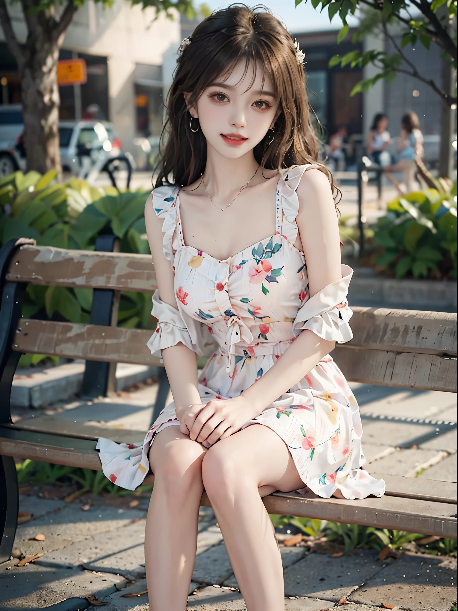 Sweet girl clothes6,print dress, ((full body)), ((from below)), ((Sit on a park bench)), ((realistic)), 1girll, looking at viewert, Detailed scenes, curlies, Air bangs, Beautiful hair accessories, Brownish-yellow hair, (Campus style), warm lights, a warm color palette, Detailed details, 超詳細, (tmasterpiece, best qualtiy), (An extremely delicate and beautiful work), Delicate earrings, Delicate necklace, Simple blurred background,  Extreme detail description, Ultra-fine painting, Delicate face, slim toned body, (ssmile, Baring teeth), (anatomy correct)