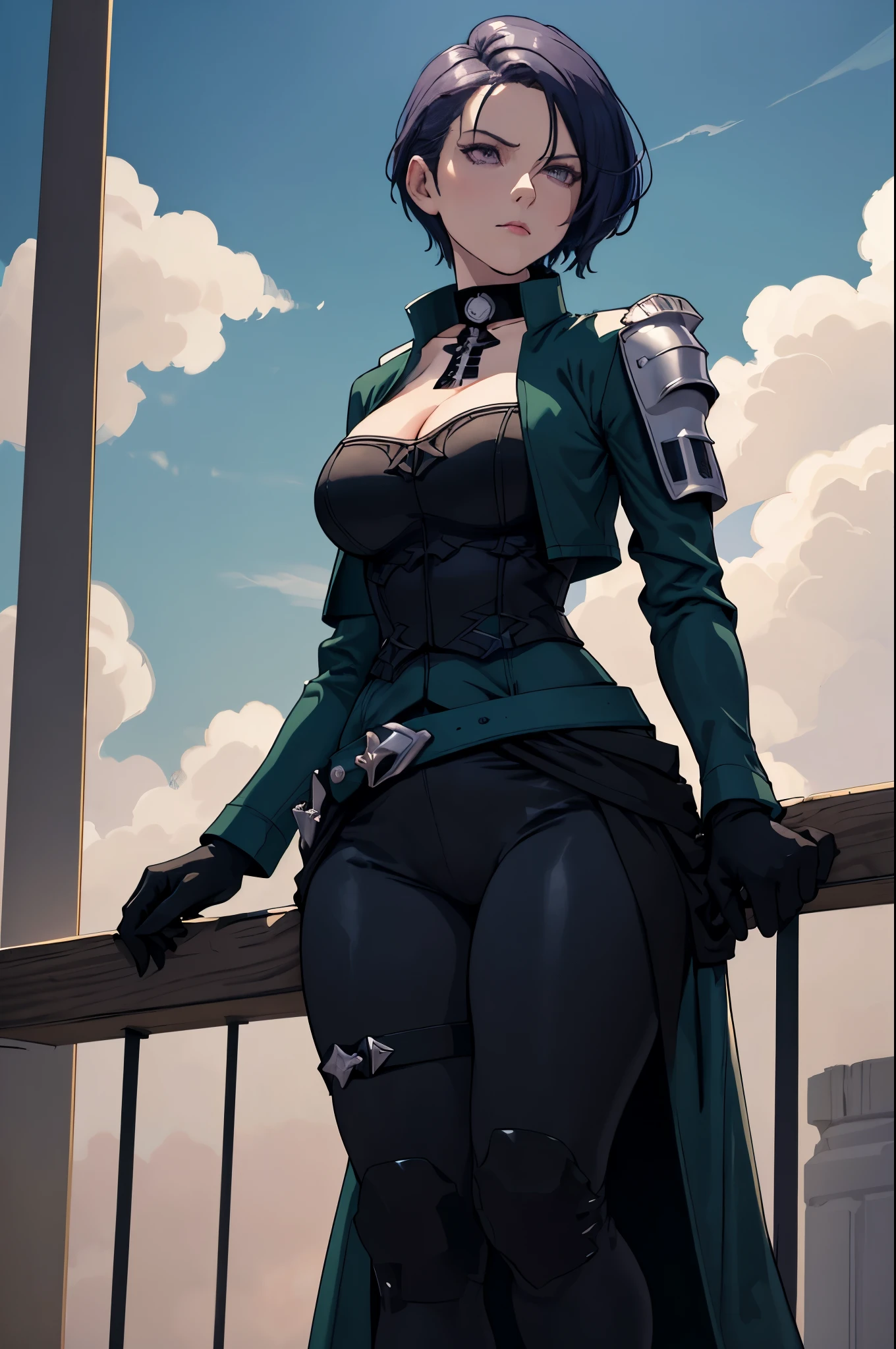 masterpiece, best quality, defShamir, collar, shoulder pad, black shirt, black gloves, bodice, green jacket, green belt, black pants, cowboy shot, large breasts, standing, looking at viewer, serious, from below, looking down, sky, clouds 