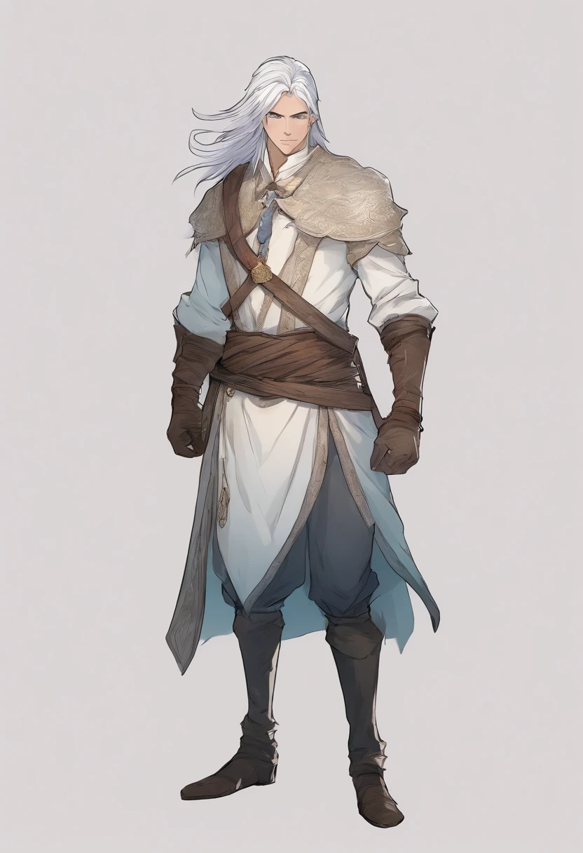 (high quality) A male human with fair skin and long, tied-up silver hair is standing looking at the viewer. Roupas de inverno em tons azul escuro. The background of the image is white. (Arte conceitual. Arte conceitual de personagem. Arte conceitual de RPG. Splash ART. heroic pose. SketchUp Style) 
