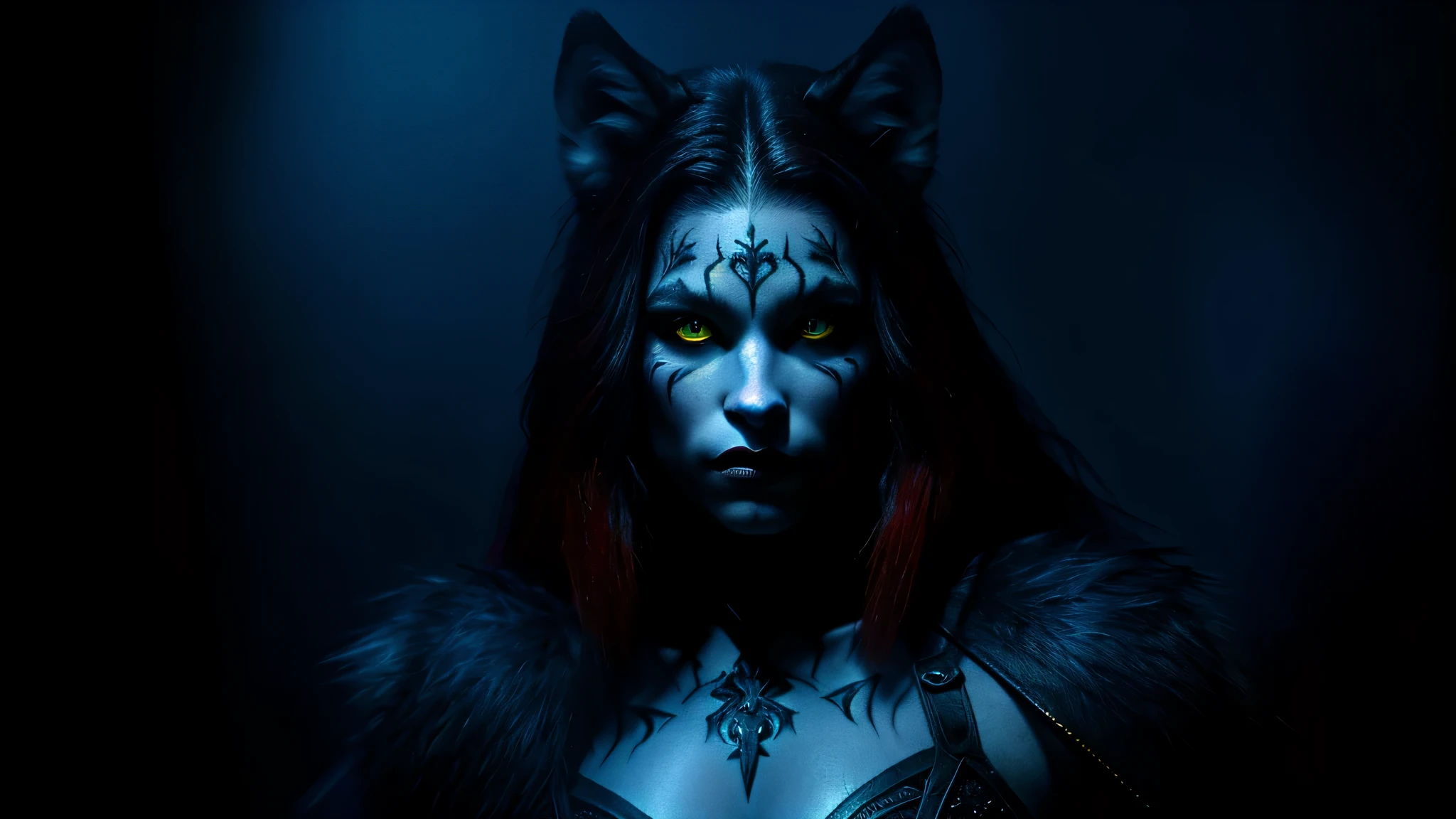 KIDS GIRL vampiro OLHOS VERMELHOS com cabelo comprido profissional, obra de arte, 8k, ruiva retrato hiperrealista, masterpiece, best quality, dark environment, backlit, blue moon, wolf, wolf head, wolf hair, (very detailed CG unified 8k wallpaper), (best quality), (best illustration), bow-waisted werewolf, close-up, focused face, depth of field, blurred background, black forest, (best shadows), detailed green eyes, ridiculous, realistic lighting, (abyss), beautifully detailed, Peter Morbach's work, fog,