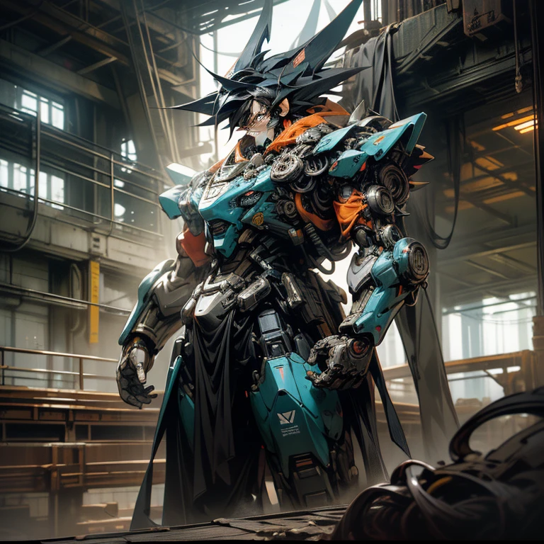 "Breathtaking cybernetic and mecha Goku illuminated the darkness, exuding an indomitable sense of power. The hyper-realistic image presented a futuristic scene, where the cyan hues merged seamlessly with the mechanical marvel that was Goku. His figure, cloaked in a high-tech cybernetic suit, was accentuated by the intricate details and the sharp contrast of light and shadow. The mecha Goku stood tall against the backdrop of a cyberpunk cityscape, its red eyes glowing ominously in the dimly lit surroundings. The intricate machinery of the mecha was rendered in startling detail, with every cog and gear visible under the cinem
