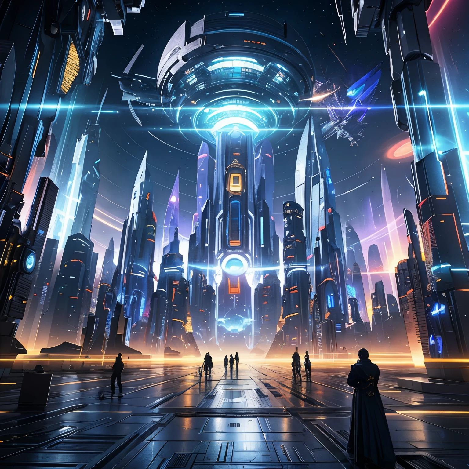 ((top quality, 8k, masterpiece: 1.3))，futuristic city，Time and space concept art，Fantasy sense of future technology，High-tech blue shift rendering，Large scenes，16k resolution concept art，8K resolution concept art，8K concept art，8k high detail concept art，Fantasy sci-fi city，Atmospheric concept art，8K concept art，colorful glare，Metaverse space scene，Lines of light，Dynamic