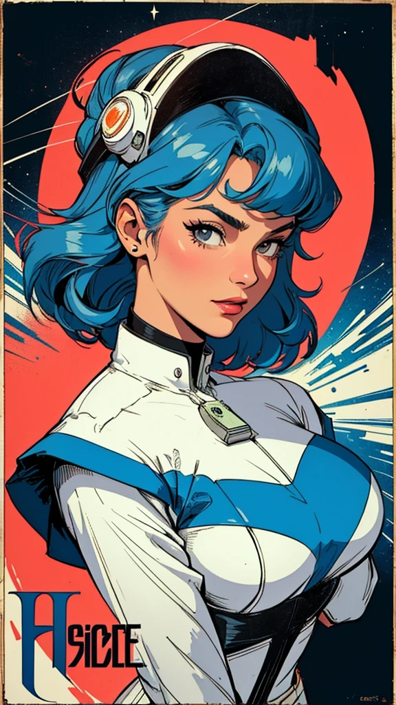 (((highest quality))),masterpiece,1 woman,((the perfect person)),((Super beautiful woman)),detailed perfect face,retro,vintage,classic,60's,70's,80&#39;s,old movie posters,abstract,((スペーススリラーmovie poster)),(Futuristic),Geometric pattern,very delicate,movie poster_white frame,universe,Milky Way,planet,,propaganda,universe飛行士,breast enhancement,
