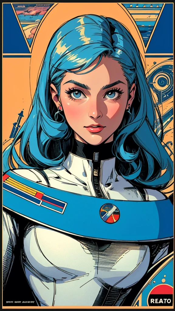 (((highest quality))),masterpiece,1 woman,((the perfect person)),((Super beautiful woman)),detailed perfect face,retro,vintage,classic,60's,70's,80&#39;s,old movie posters,abstract,((スペーススリラーmovie poster)),(Futuristic),Geometric pattern,very delicate,movie poster_white frame,universe,Milky Way,planet,,propaganda,universe飛行士,breast enhancement,
