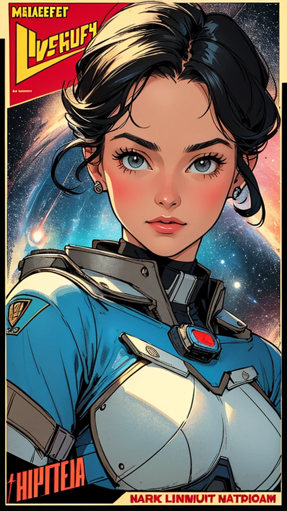 (((highest quality))),masterpiece,1 woman,((the perfect person)),((Super beautiful woman)),detailed perfect face,retro,vintage,classic,60's,70's,80's,old movie posters,abstract,((スペーススリラーmovie poster)),(Futuristic),Geometric pattern,very delicate,movie poster_white frame,universe,Milky Way,planet,,propaganda,universe飛行士,breast enhancement,