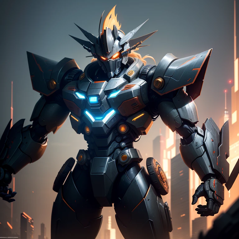"Breathtaking cybernetic and mecha Goku illuminated the darkness, exuding an indomitable sense of power. The hyper-realistic image presented a futuristic scene, where the cyan hues merged seamlessly with the mechanical marvel that was Goku. His figure, cloaked in a high-tech cybernetic suit, was accentuated by the intricate details and the sharp contrast of light and shadow. The mecha Goku stood tall against the backdrop of a cyberpunk cityscape, its red eyes glowing ominously in the dimly lit surroundings. The intricate machinery of the mecha was rendered in startling detail, with every cog and gear visible under the cinem