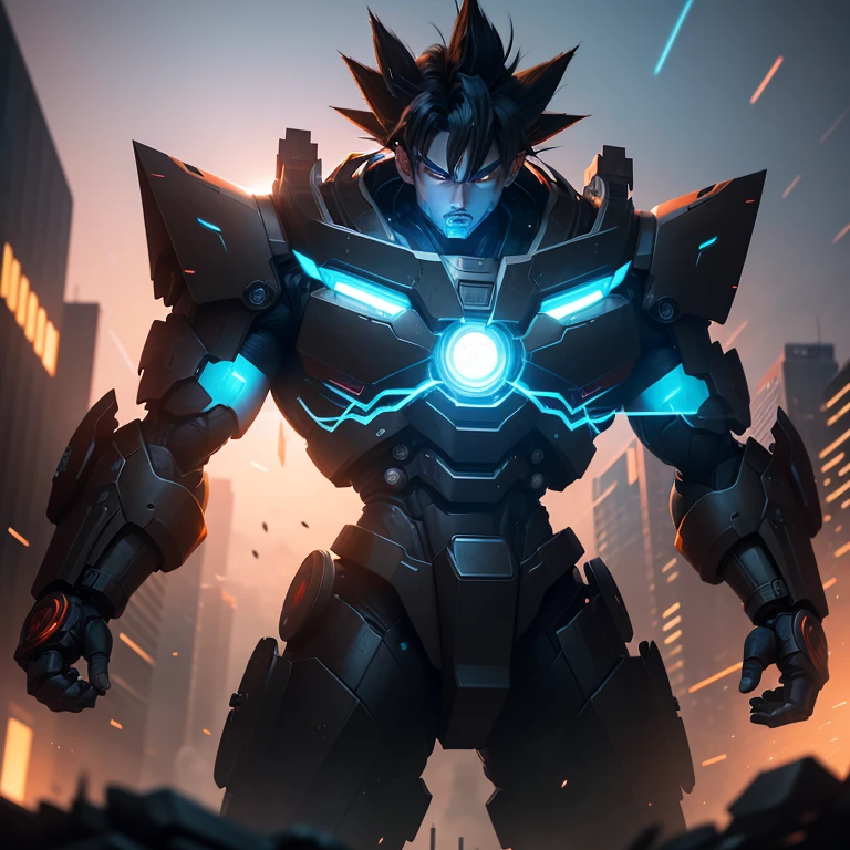 "Breathtaking cybernetic and mecha Goku illuminated the darkness, exuding an indomitable sense of power. The hyper-realistic image presented a futuristic scene, where the cyan hues merged seamlessly with the mechanical marvel that was Goku. His figure, cloaked in a high-tech cybernetic suit, was accentuated by the intricate details and the sharp contrast of light and shadow. The mecha Goku stood tall against the backdrop of a cyberpunk cityscape, its red eyes glowing ominously in the dimly lit surroundings. The intricate machinery of the mecha was rendered in startling detail, with every cog and gear visible under the cinem