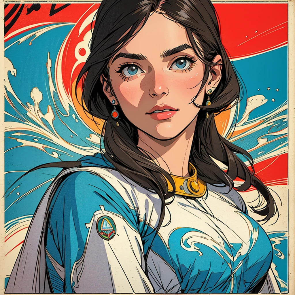 (((highest quality))),masterpiece,1 woman,((the perfect person)),((Super beautiful woman)),detailed perfect face,retro,vintage,classic,60's,70's,80&#39;s,old movie posters,abstract,((スペーススリラーmovie poster)),(Futuristic),Geometric pattern,very delicate,movie poster_white frame,universe,Milky Way,planet,,propaganda,universe飛行士,breast enhancement,