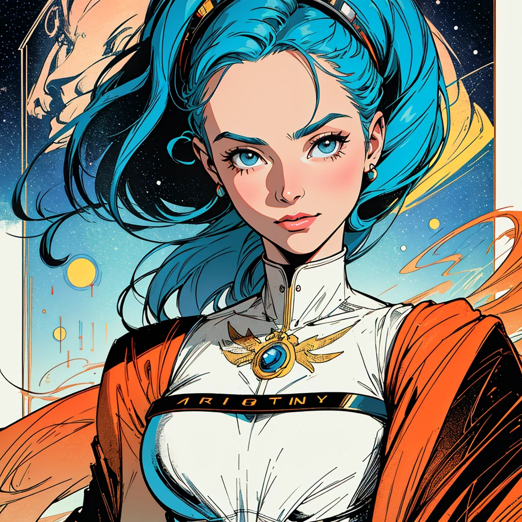 (((highest quality))),masterpiece,1 woman,((the perfect person)),((Super beautiful woman)),detailed perfect face,retro,vintage,classic,60's,70's,80's,old movie posters,abstract,((スペーススリラーmovie poster)),(Futuristic),Geometric pattern,very delicate,movie poster_white frame,universe,Milky Way,planet,,propaganda,universe飛行士,breast enhancement,