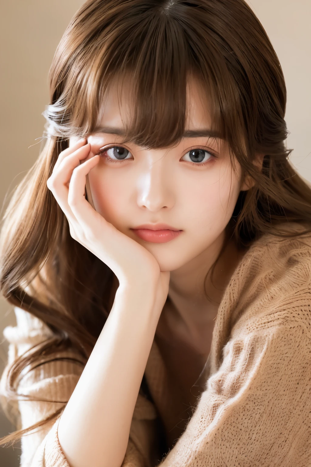 ((highest quality)), ((masterpiece)), (cinematic aesthetic:1.4) Japanese Eyes only brown hair Loose and fluffy hair Purikura style cover one eye with one's hand