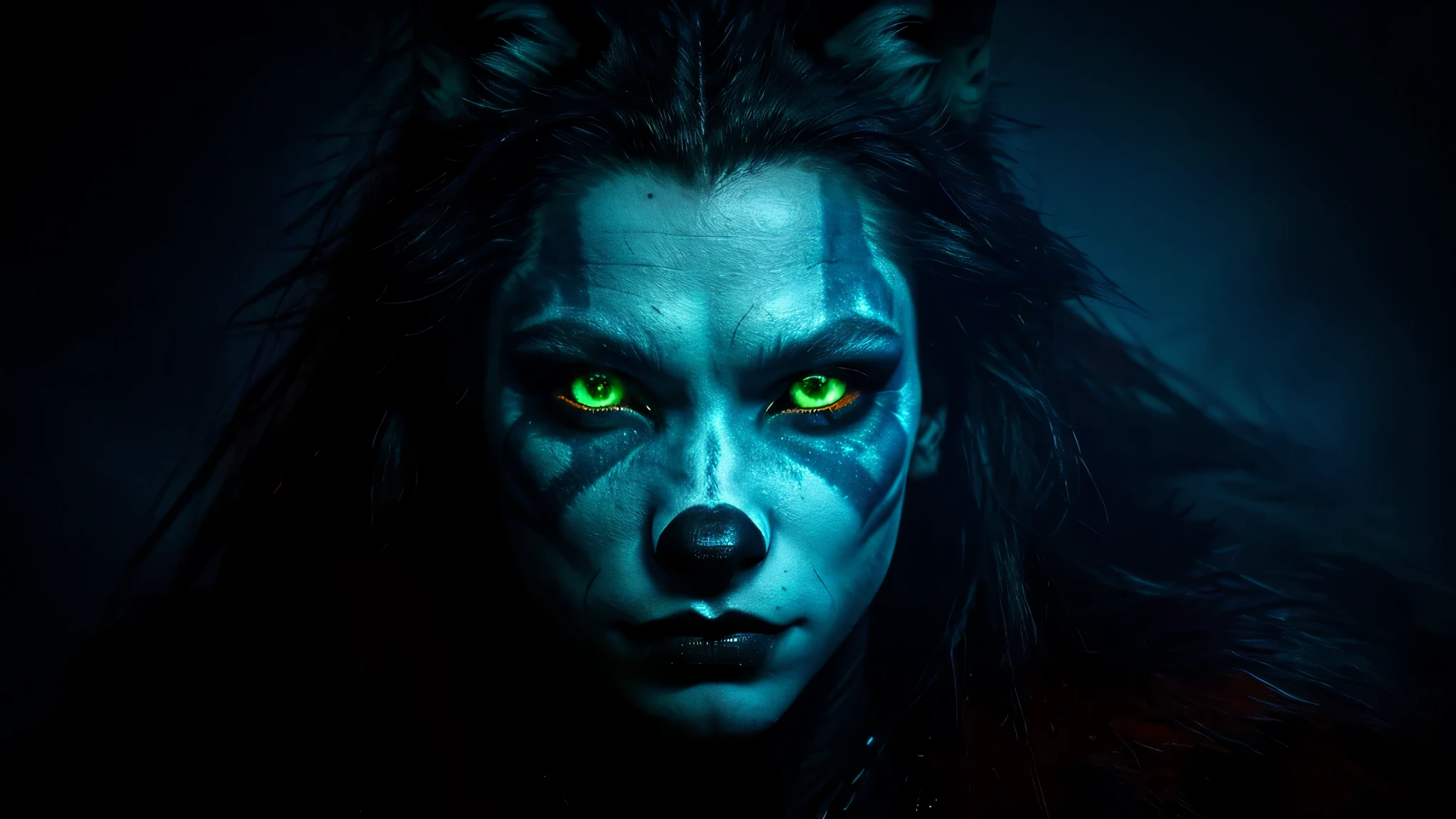 KIDS GIRL vampiro OLHOS VERMELHOS com cabelo comprido profissional, obra de arte, 8k, ruiva retrato hiperrealista, masterpiece, best quality, dark environment, backlit, blue moon, wolf, wolf head, wolf hair, (very detailed CG unified 8k wallpaper), (best quality), (best illustration), bow-waisted werewolf, close-up, focused face, depth of field, blurred background, black forest, (best shadows), detailed green eyes, ridiculous, realistic lighting, (abyss), beautifully detailed, Peter Morbach's work, fog,