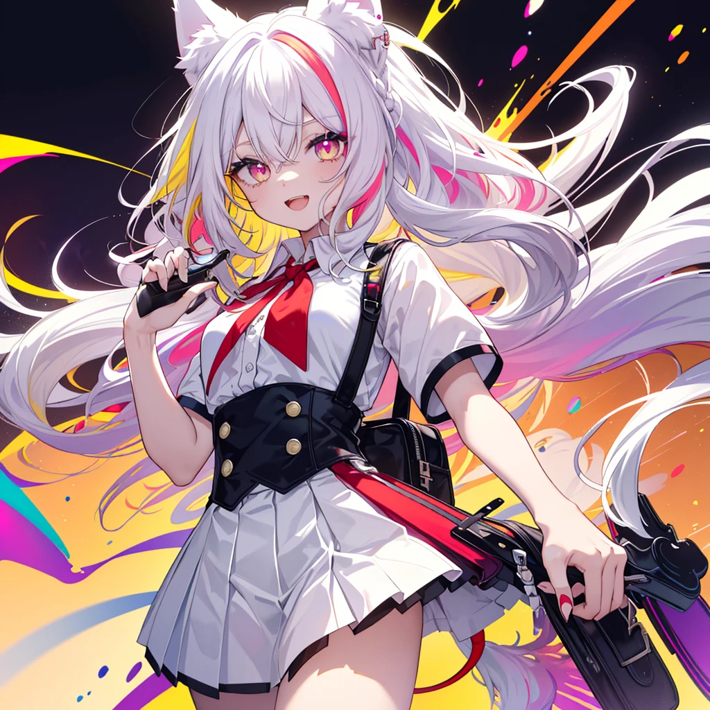 (Halftone), (Masterpiece), (Best Quality), (Official Art, Highly Detailed CG Unity 8K Wallpaper), (Perfect Anatomy), (Highly Detailed), ((Absurd)), (Best (shadow), (perfect anatomy), (detailed background), (perfect eyes), sharp focus, simple background, splattered colors, flashy colors, white hair anime girl with red and yellow colors, 1 girl, solo, gal, red background, white hair, fox ears, tail, multicolored hair, bag, skirt, purple eyes, manicure, cute hair clip, striped hair, long hair, braid, shirt, hair ornament, fox tail, fox girl, smile, white shirt, shoes, open mouth, short sleeves, looking at viewer, pleated skirt, heart, COLORFULMIX, MULTICOLORED HAIR, WAVY HAIR, pop art style, colored eyelashes, yellow Eyelashes, multicolored eyes, multicolored hair, sparkling eyes, bright eyes,