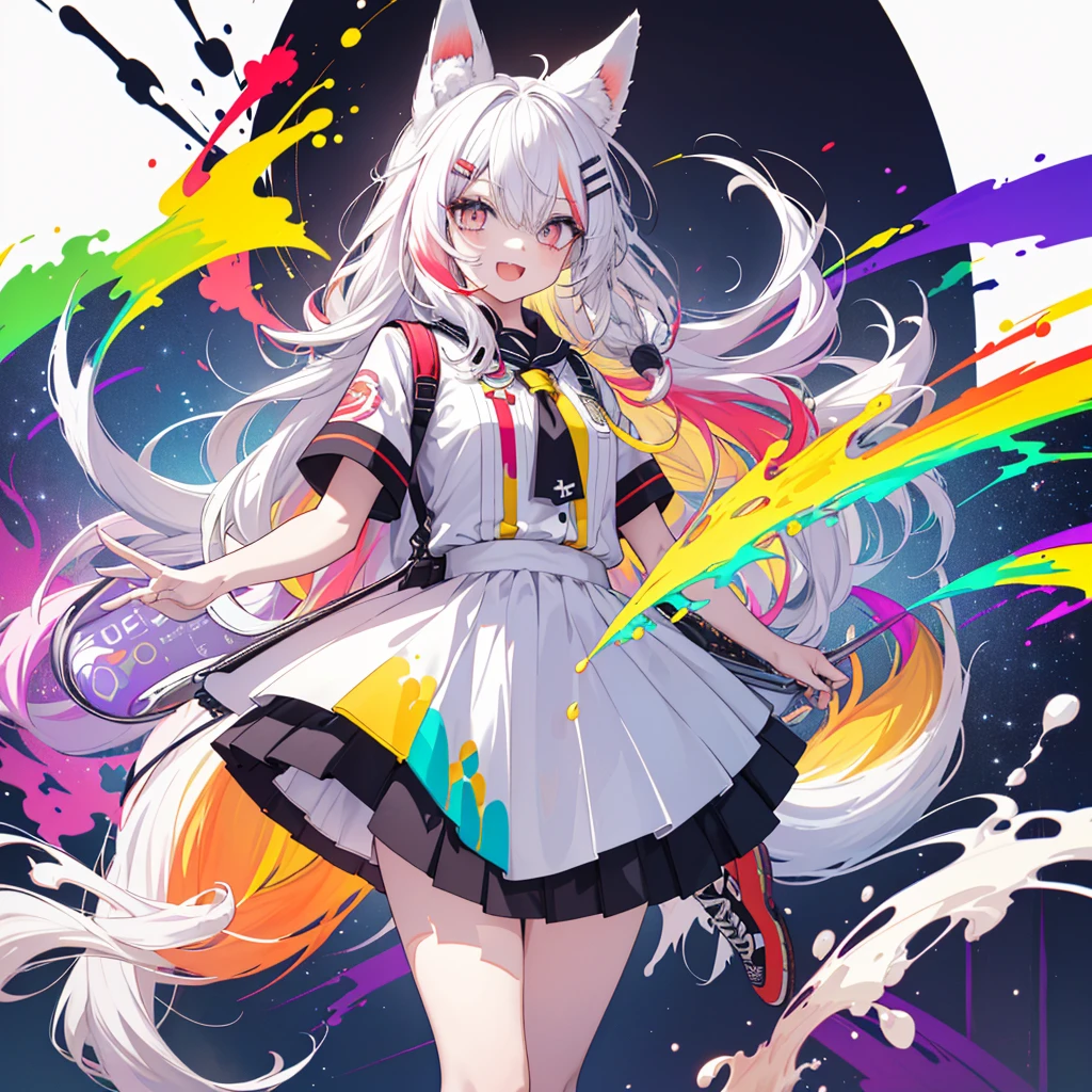 (Halftone), (Masterpiece), (Best Quality), (Official Art, Highly Detailed CG Unity 8K Wallpaper), (Perfect Anatomy), (Highly Detailed), ((Absurd)), (Best (shadow), (perfect anatomy), (detailed background), (perfect eyes), sharp focus, simple background, splattered colors, flashy colors, white hair anime girl with red and yellow colors, 1 girl, solo, gal, red background, white hair, fox ears, tail, multicolored hair, bag, skirt, purple eyes, manicure, cute hair clip, striped hair, long hair, braid, shirt, hair ornament, fox tail, fox girl, smile, white shirt, shoes, open mouth, short sleeves, looking at viewer, pleated skirt, heart, COLORFULMIX, MULTICOLORED HAIR, WAVY HAIR, pop art style, colored eyelashes, yellow Eyelashes, multicolored eyes, multicolored hair, sparkling eyes, bright eyes,
