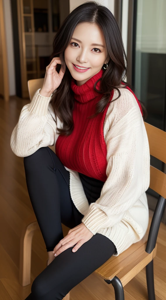 (masterpiece, highest quality), japanese mature, (alone), 60 years old, (wrinkles around the eyes:1.45), big breasts, mature woman, Glamour, Sexy, pure white skin, looking at the viewer、super big breasts、(long hair)、small diamond necklace、earrings、(((detailed red knit sweater, Black leggings)))、high heels、smile、Public place、cross your legs、sit on a chair、full body photo、
