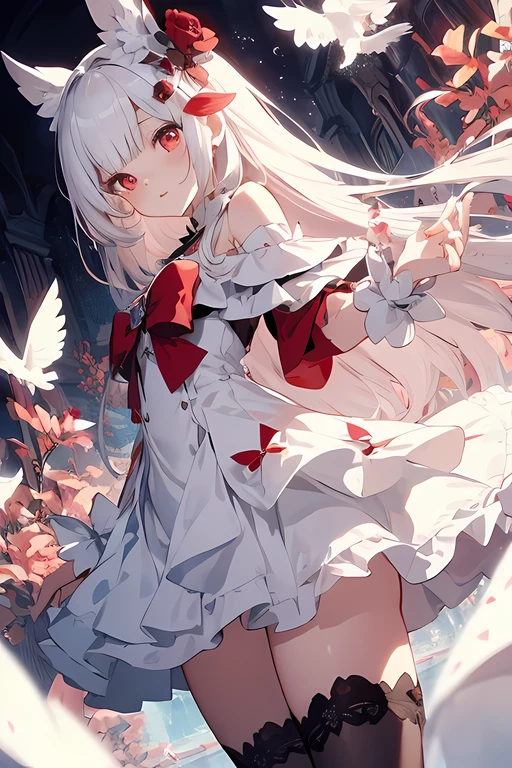 beautiful illustration, best quality, cute petit girl, (transform sequence), transform magical girl, chibi, white magical girl, fractal art, albino, babyface, long pure white and red mesh hair, beautiful detailed red eyes, cinematic lighting, cowboy shot, looking at viewer, from bottom, happy