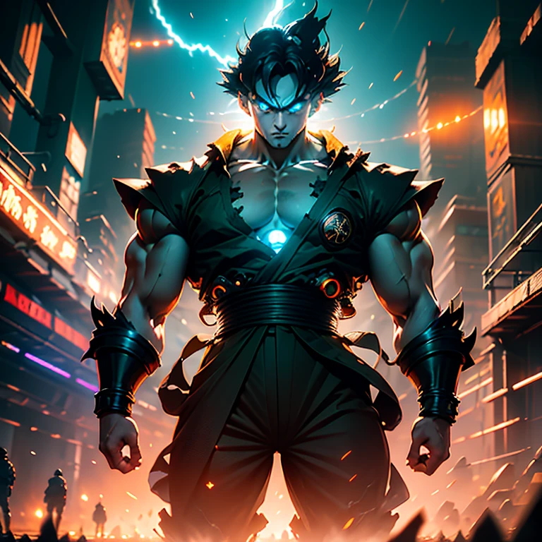 "Breathtaking cybernetic and mecha Goku illuminated the darkness, exuding an indomitable sense of power. The hyper-realistic image presented a futuristic scene, where the cyan hues merged seamlessly with the mechanical marvel that was Goku. His figure, cloaked in a high-tech cybernetic suit, was accentuated by the intricate details and the sharp contrast of light and shadow. The mecha Goku stood tall against the backdrop of a cyberpunk cityscape, its red eyes glowing ominously in the dimly lit surroundings. The intricate machinery of the mecha was rendered in startling detail, with every cog and gear visible under the cinem