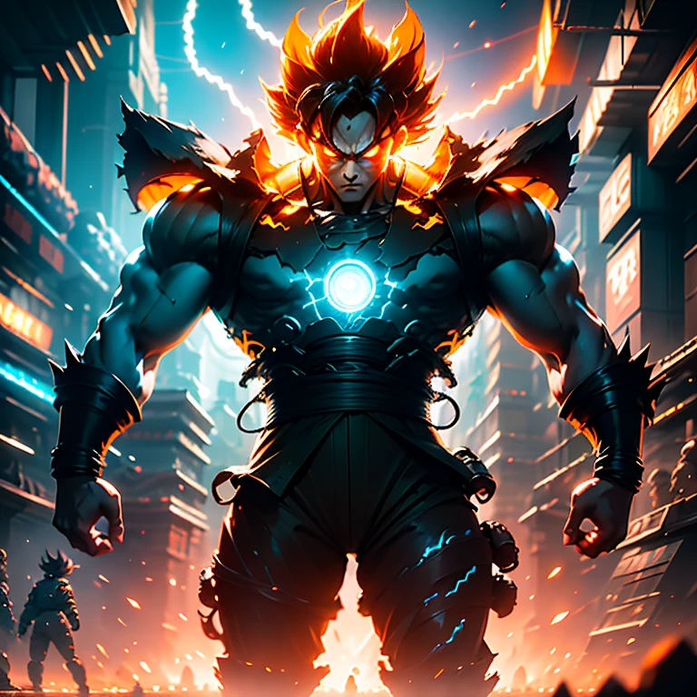 "Breathtaking cybernetic and mecha Goku illuminated the darkness, exuding an indomitable sense of power. The hyper-realistic image presented a futuristic scene, where the cyan hues merged seamlessly with the mechanical marvel that was Goku. His figure, cloaked in a high-tech cybernetic suit, was accentuated by the intricate details and the sharp contrast of light and shadow. The mecha Goku stood tall against the backdrop of a cyberpunk cityscape, its red eyes glowing ominously in the dimly lit surroundings. The intricate machinery of the mecha was rendered in startling detail, with every cog and gear visible under the cinem