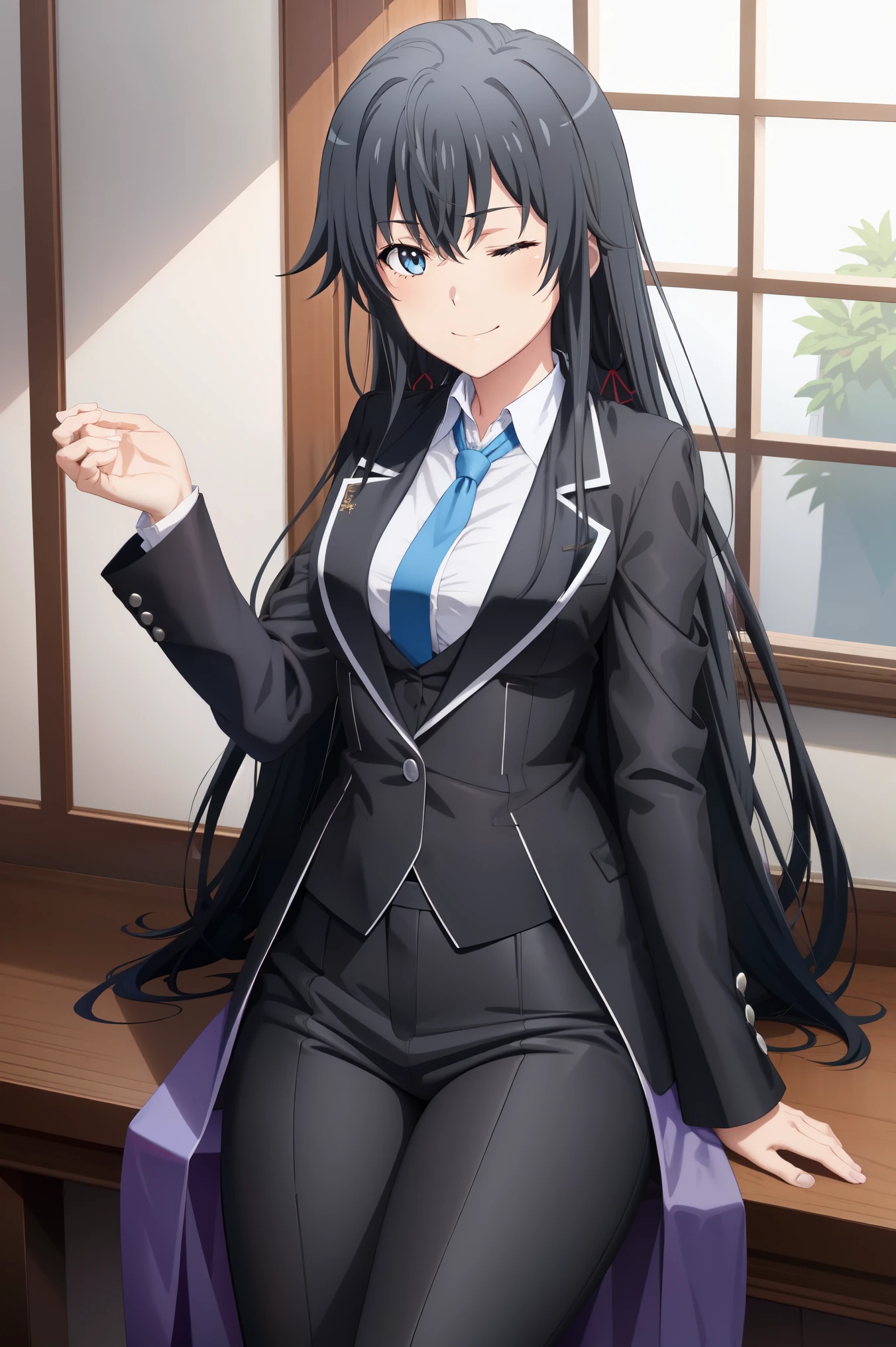 ((best quality)), ((masterpiece)), (detailed) 1girl 1girl, ;\), blurry, blurry_background, breasts, , hair_long , looking_at_viewer, ok_sign, one_eye_closed, open_hand, Yukinoshita Yukino ,Woman wearing formal clothes, An attractive coat stands in a large gap in the room , 1girl, 独奏, blue necktie, Black hair, eyes blue, long hair, smile , collared shirt, white pants, white shirt , Elegantly designed coat , Stand in front of a window ,Perfectly tailored tailcoat. It has a stunning Victorian design and is made of lustrous fabric