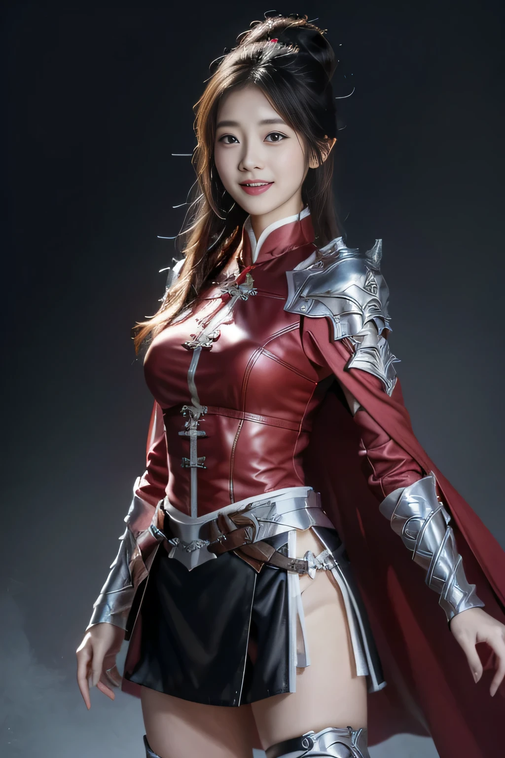 Chinese female general Hua Mulan,Vermilion Hufu lining,,Crimson cape,Silver metal breastplate,silver helmet,battlefield background,majestic,Smile(open mouth)(The corners of the mouth are raised),Leather tunic,Knee armor,Eight clones,silver metal headband,Hair bun raised high。wild wilderness background