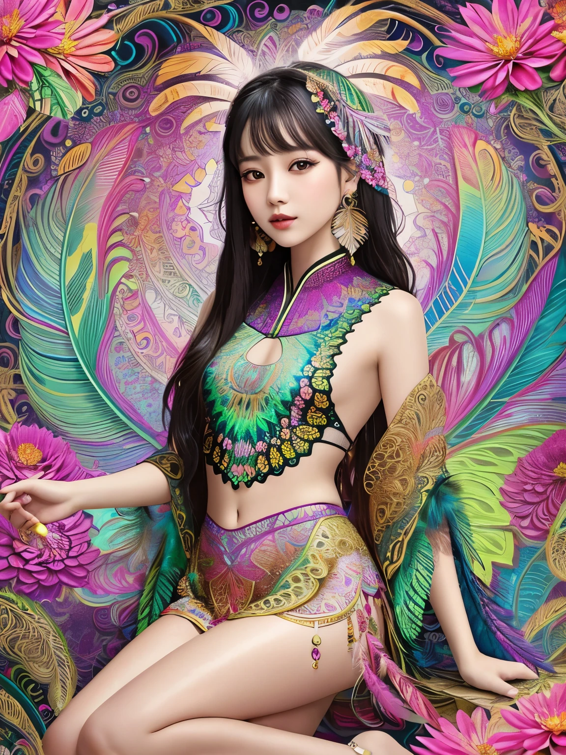 masterpiece, top quality, best quality, official art, beautiful and aesthetic:1.2), (1girl:1.3), extremely detailed,(fractal art:1.1),(colorful:1.1)(flowers:1.3),highest detailed,(zentangle:1.2), full body, (abstract background:1.3), (shiny skin), (many colors:1.4), ,(earrings), (feathers:1.5), 1 girl, asian, age 20, wet, sitting on the lotus leaf, colourful butterfly on head, slim fit whole body, sexy look, wearing short transparent cloth