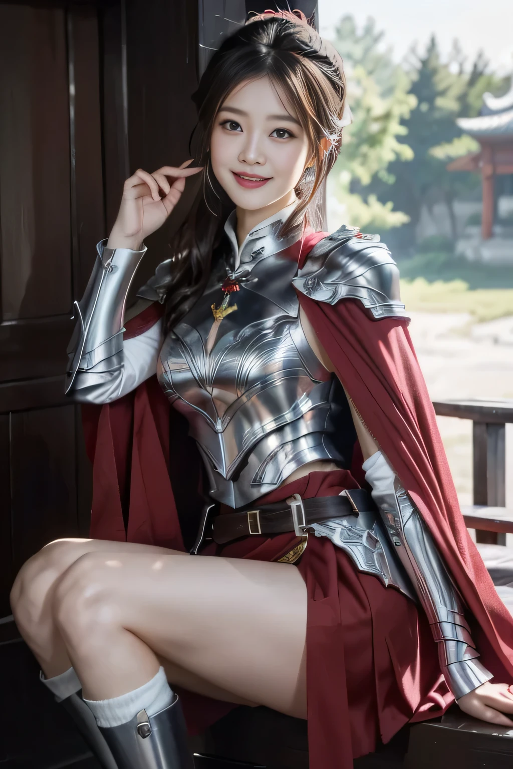 Chinese female general Hua Mulan,Vermilion Hufu lining,,Crimson cape,Silver metal breastplate,silver helmet,battlefield background,majestic,Smile(open mouth)(The corners of the mouth are raised),Leather tunic,Knee armor,Eight clones,silver metal headband,Hair bun raised high。wild wilderness background