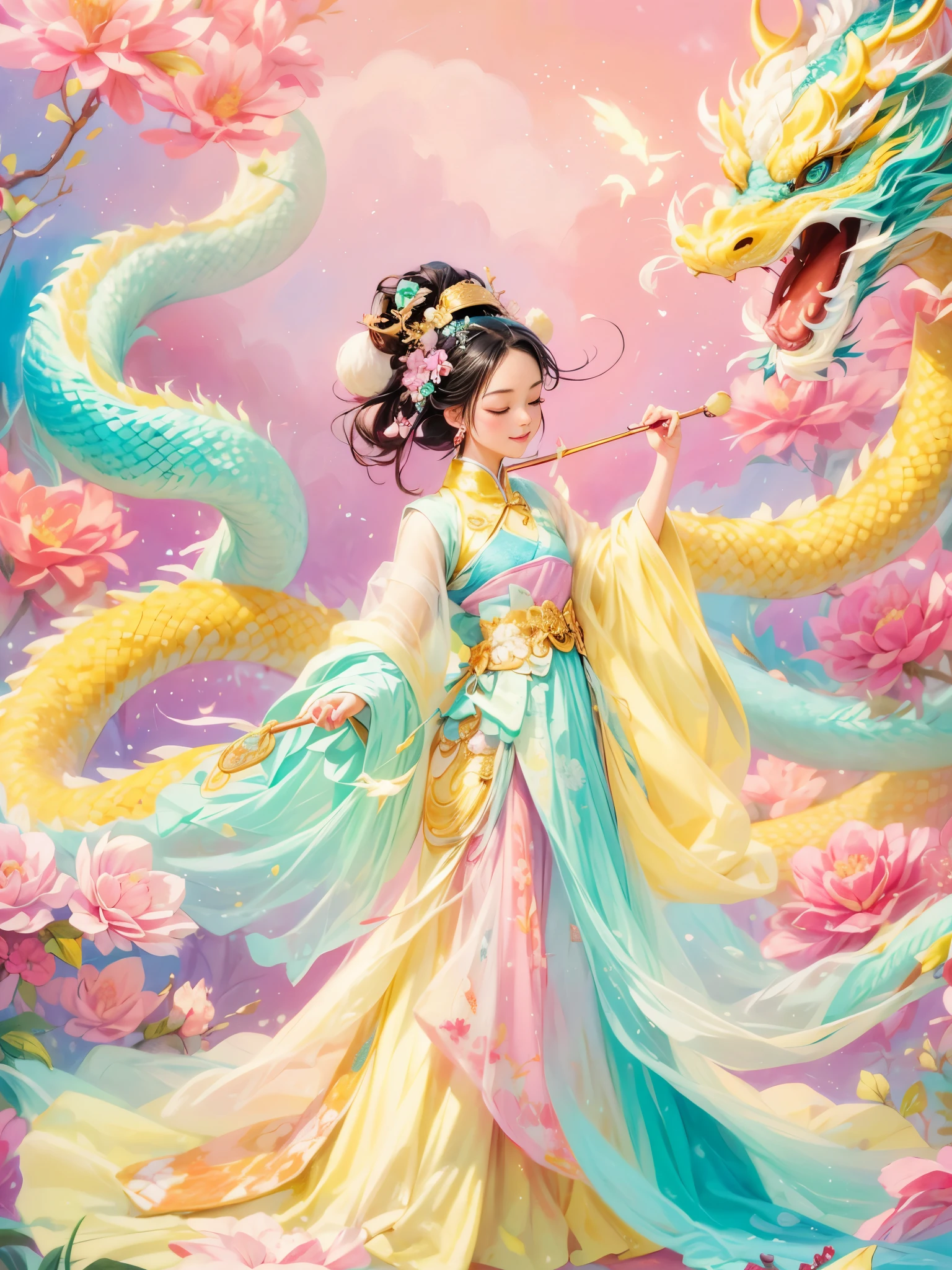 dragonjoyful and festive scene featuring a cute and lively 5-year-old ancient Chinese princess embracing a fluffy-textured, mythical Chinese baby dragon. Both are sleeping peacefully. The background is enhanced with festive decorations, such as lanterns, colorful banners, and traditional Chinese motifs, symbolizing celebration and happiness. This scene, rich in ancient Chinese cultural elements, captures a sense of joy and festivity, making the moment between the princess and the dragon even more endearing and magical, (花卉水彩画:1.5), (Ultra high saturation, bright and vivid colors: 1.5), (nsfw), (Facing the viewer: 1.5)，(pastel tone painting: 1.8)
