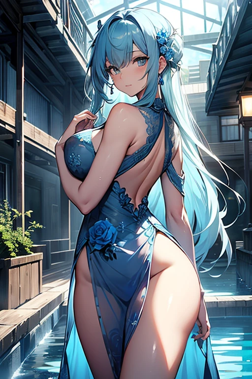 (highest quality, 8K, 32K, masterpiece, UHD: 1.3), 1 female, (Oversized: 1.3), perfect figure,, (attractive), (Sheer skin)) 、((((Transparent see-through dress))))、see-through dresses、lace sheer dress、Transparent dress、Sheer skin、Transparent dressを着た美しい裸の女性、solo、best style、big breasts、The most beautiful in the world、unparalleled beauty、long hair、 ((blue bathhouse)),、Blue lighting. concept art stunning atmosphere, blue atmosphere, beautiful concept art, Dark Majestic gorgeous public bath,、(blue water辺、blue water)、blue stone、blue stone、blue reflection、Cyan color、get wet in blue water、Blue light、blue flower、Blue roses、Blue World、Expressive、sexy pose、sexy design