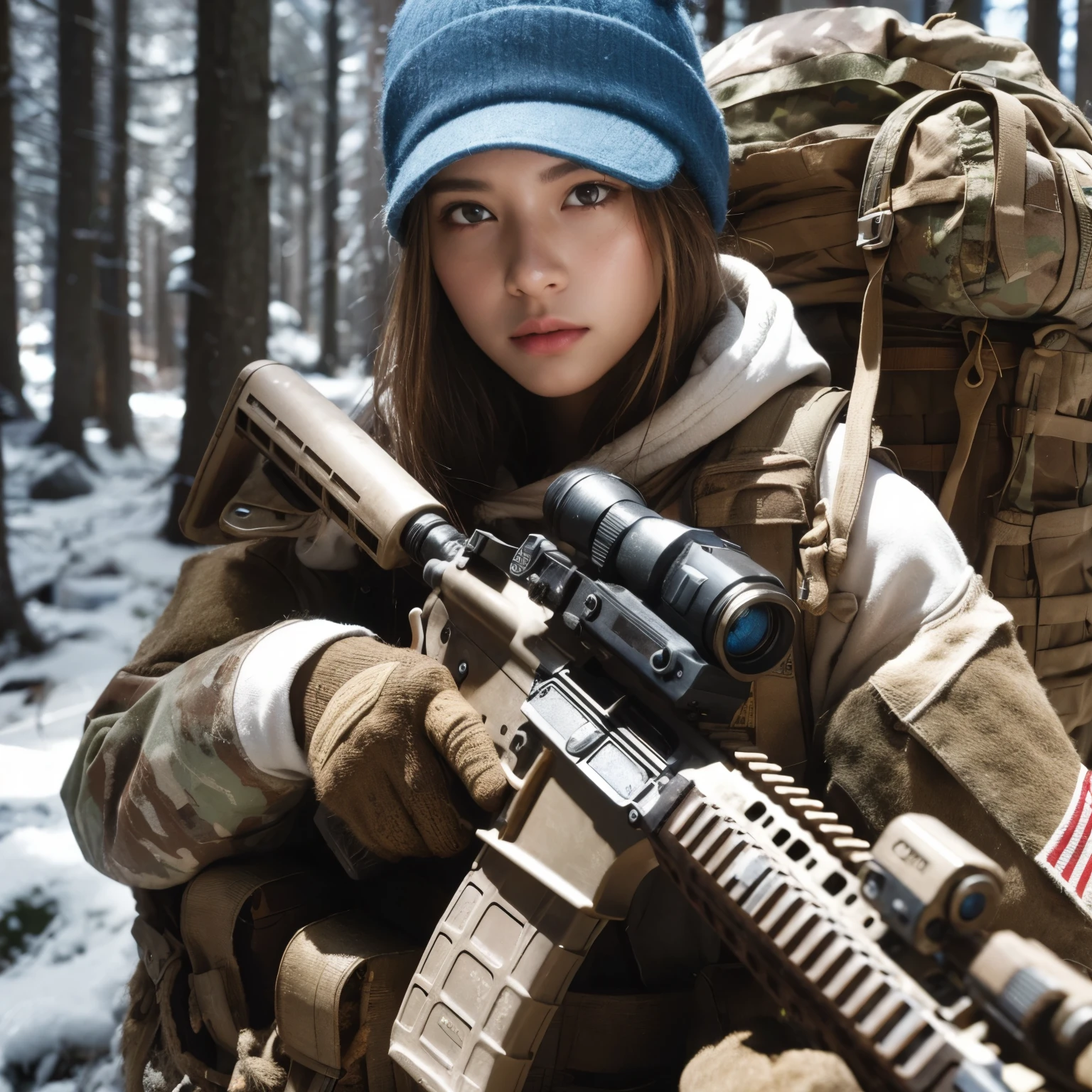 photorealistic、realistic skin texture、automatic rifle、