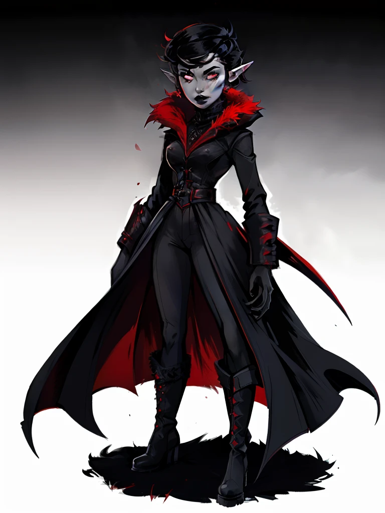 full body portrait, 1girl, short combed hair, pixie cut, combed hair, forehead, drow, black lipstick, fur overcoat, red shirt, (red undercoat), high collar, solo, blank background, white background, outside, gothic fantasy art, pointy ears, high laced boots, bullwhip, intricate clothing