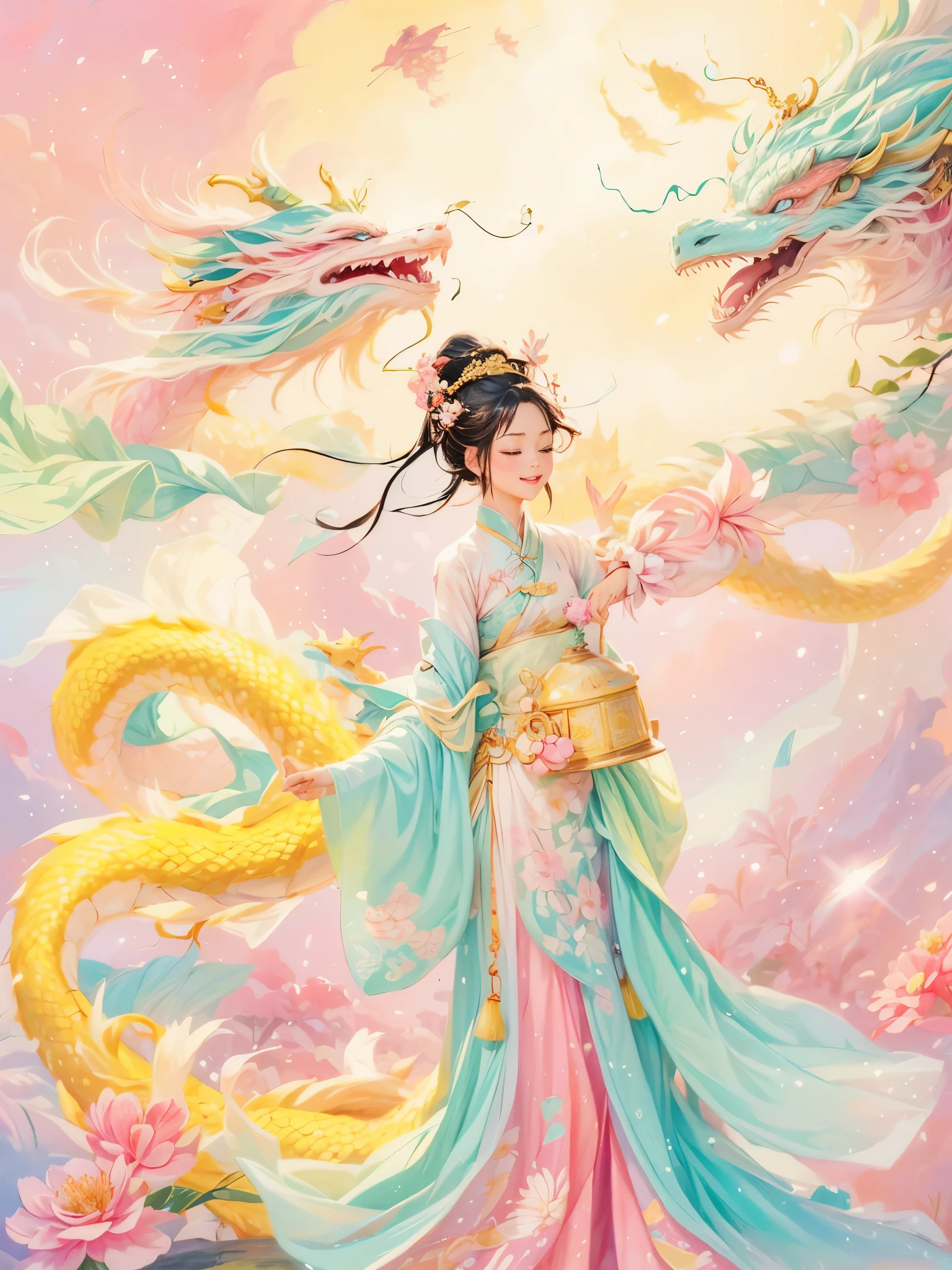 dragonjoyful and festive scene featuring a cute and lively 5-year-old ancient Chinese princess embracing a fluffy-textured, mythical Chinese baby dragon. Both are sleeping peacefully. The background is enhanced with festive decorations, such as lanterns, colorful banners, and traditional Chinese motifs, symbolizing celebration and happiness. This scene, rich in ancient Chinese cultural elements, captures a sense of joy and festivity, making the moment between the princess and the dragon even more endearing and magical, (花卉水彩画:1.5), (Ultra high saturation, bright and vivid colors: 1.5), (nsfw), (Facing the viewer: 1.5)，(pastel tone painting: 1.8)
