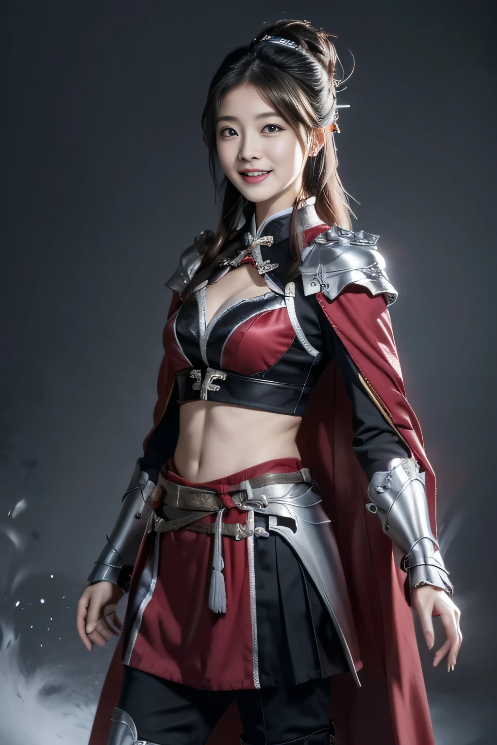 Chinese female general Hua Mulan，Vermilion Hufu lining，，Crimson cape，Silver metal breastplate，silver helmet，battlefield background，majestic，Smile（open mouth）（The corners of the mouth are raised），Leather tunic，Knee armor，Eight clones，silver metal headband，Hair bun raised high。wild wilderness background