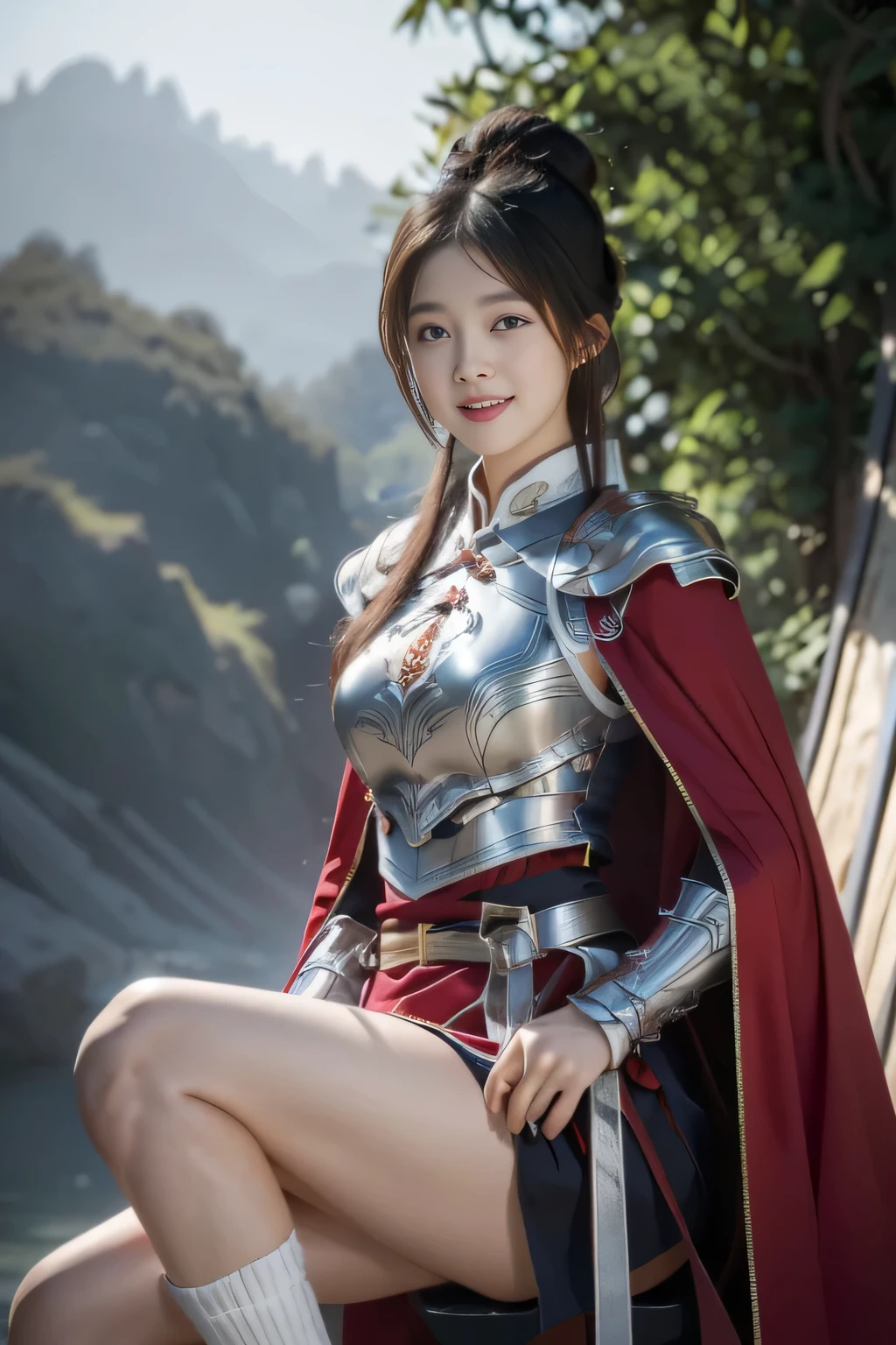 Chinese female general Hua Mulan,Vermilion Hufu lining,,Crimson cape,Silver metal breastplate,silver helmet,battlefield background,majestic,Smile(open mouth)(The corners of the mouth are raised),Leather tunic,Knee armor,Eight clones,silver metal headband,Hair bun raised high。wild wilderness background